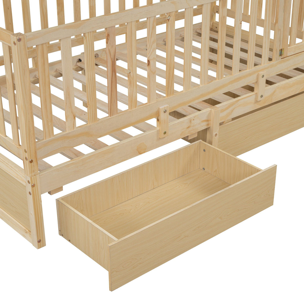 Daybed With Fence Guardrails And 2 Drawers, Split Into Independent Floor Bed & Daybed