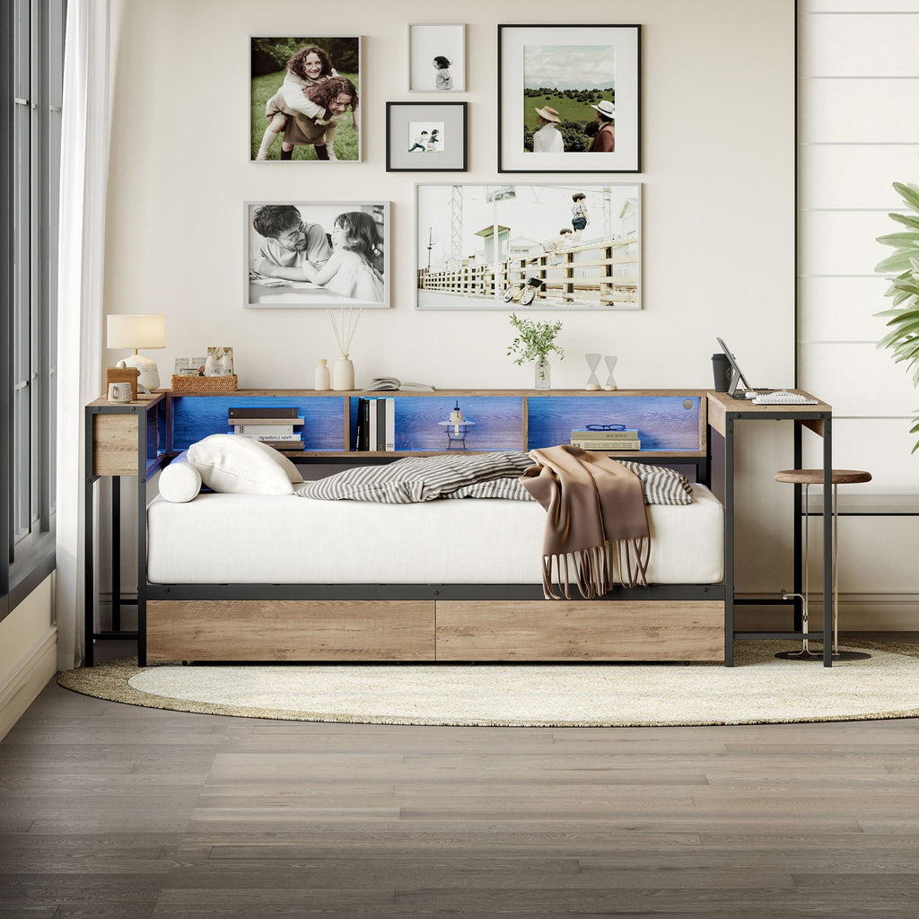 Corner Bed Frame Twin Size With Bookcase And 2 Underbed Storage Drawers, Modern Twin Bed With LED Light And Charging Station, Modern Daybed Reversible Left Or Right - Gray