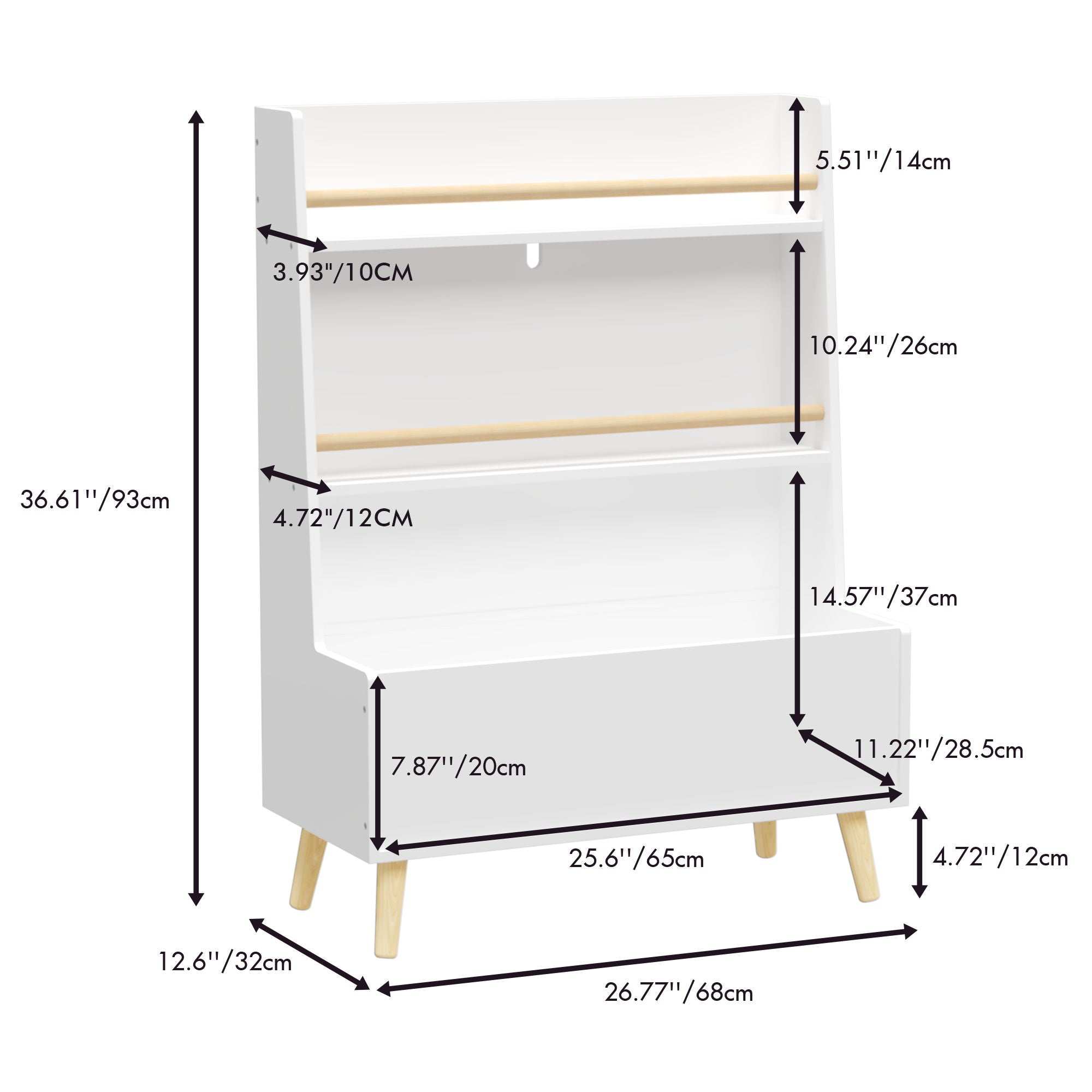 Bookshelf, Book Organizer With Toy Storage - White