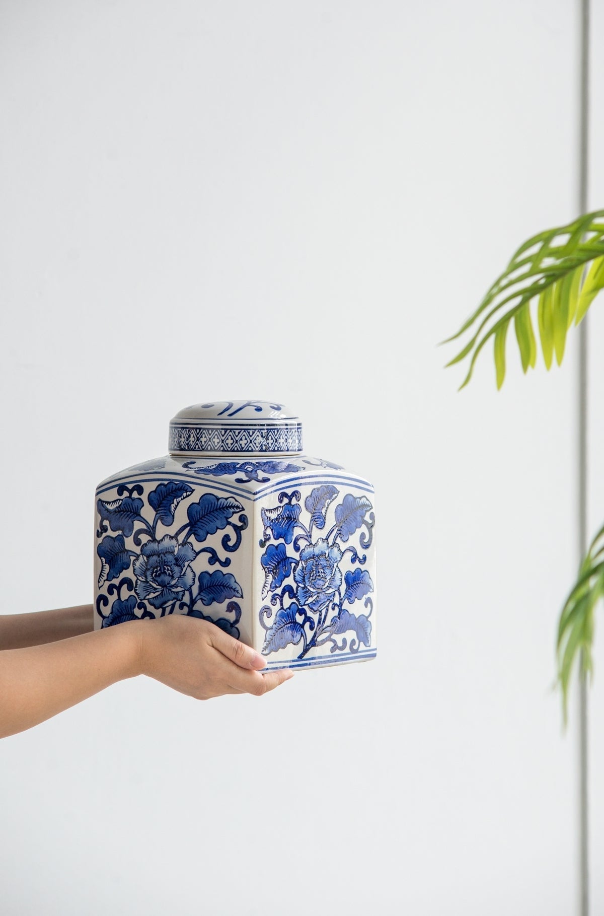 5x5x8' Hand Painted Square Canister with Blue and White Floral Pattern
