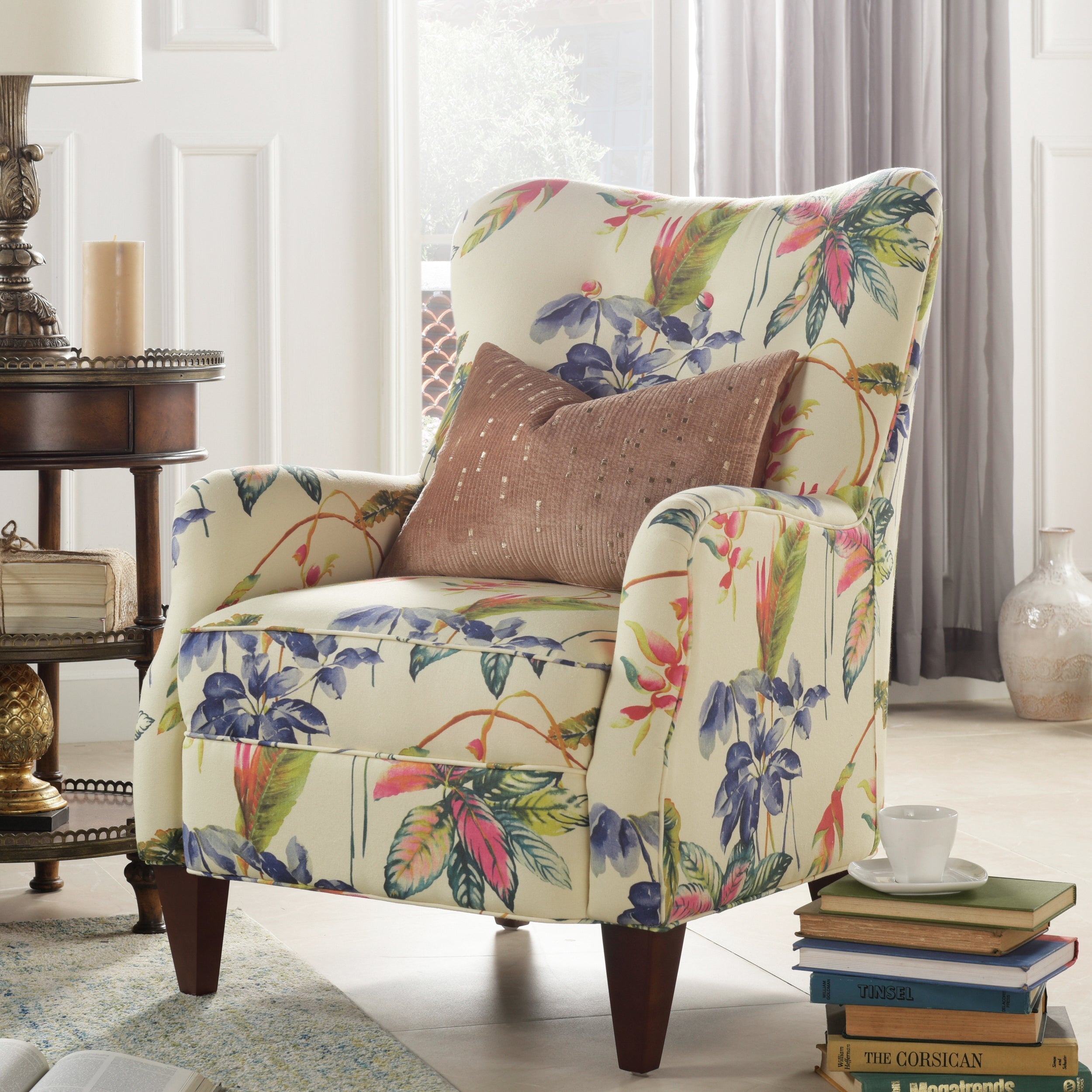 Paradise Upholstered Arm Chair, Off-White/Floral Printed On Cotton