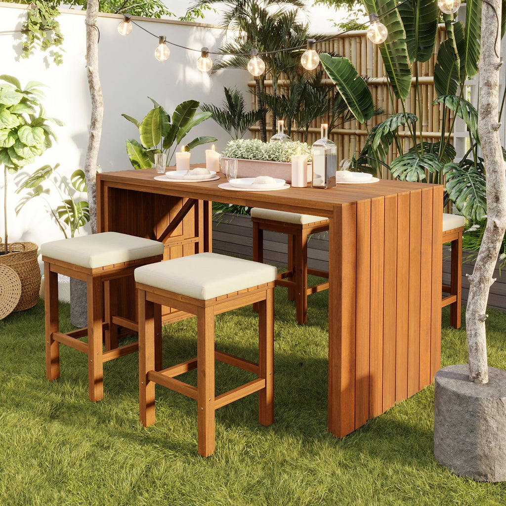 5 Piece Outdoor Bar Set with Acacia Wood Table & Cushioned Stools