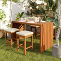 5 Piece Outdoor Bar Set with Acacia Wood Table & Cushioned Stools