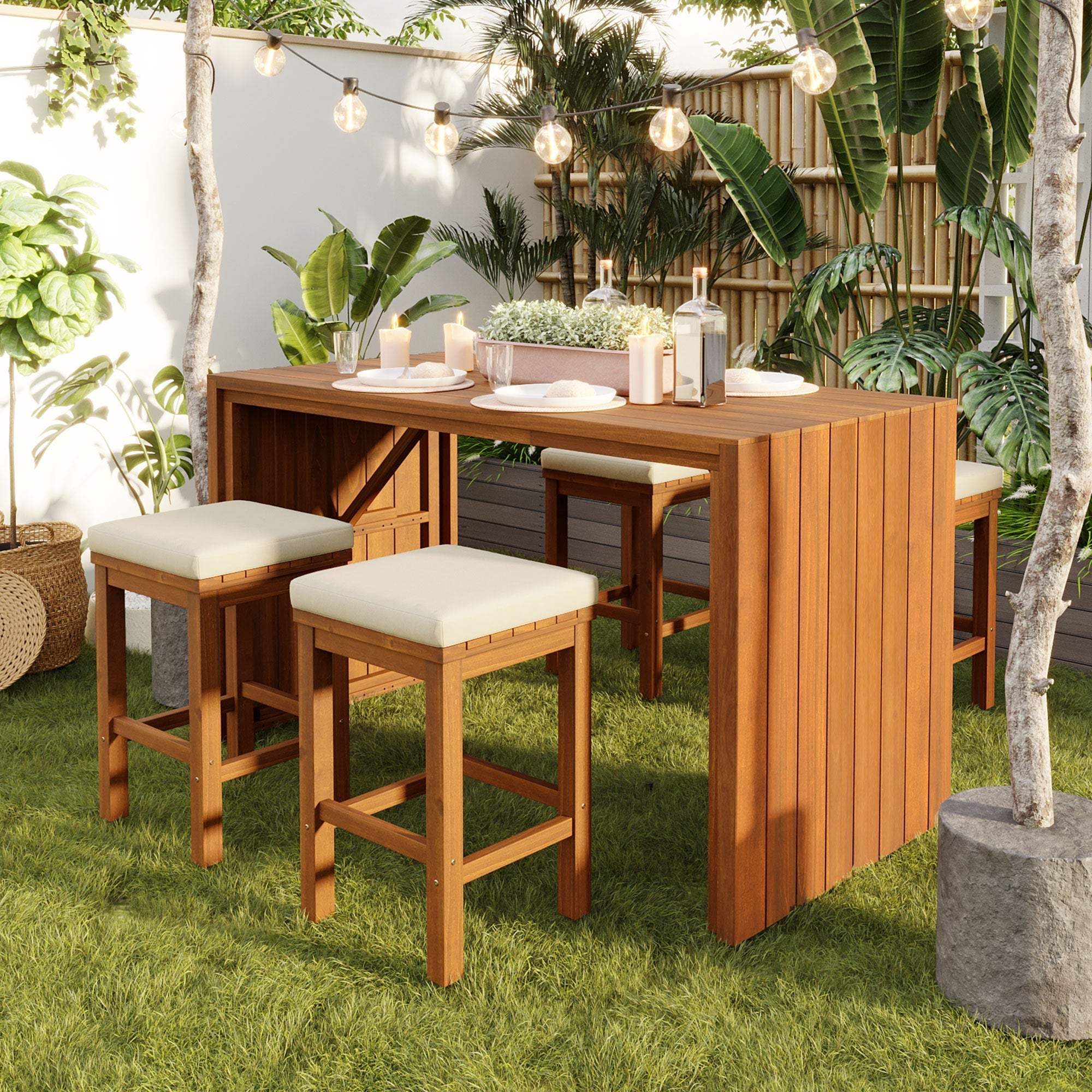5 Piece Outdoor Bar Set with Acacia Wood Table & Cushioned Stools