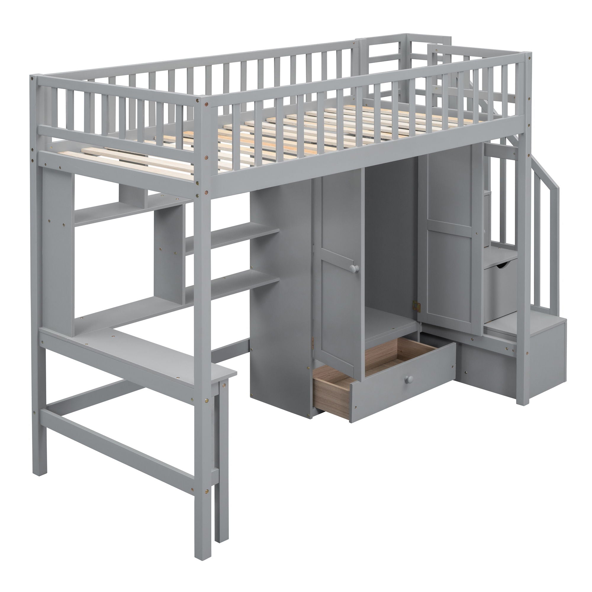 Loft Bed With Bookshelf, Drawers, Desk, And Wardrobe