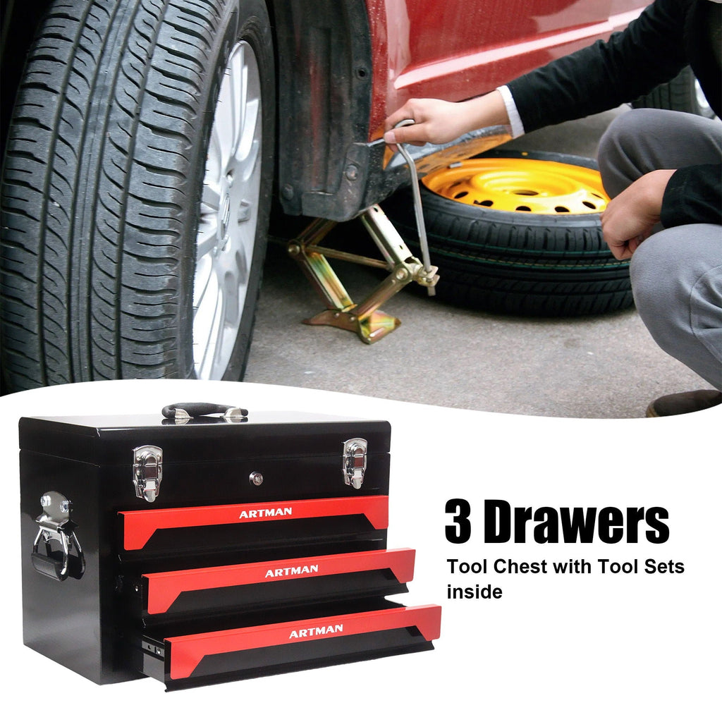 Portable 20" Steel Tool Box With 3 Drawers And Metal Latch Closure