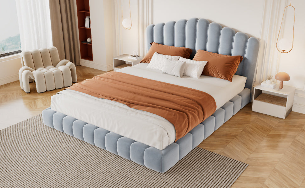 Velvet Upholstered Queen Bed with Shell-Shaped Headboard