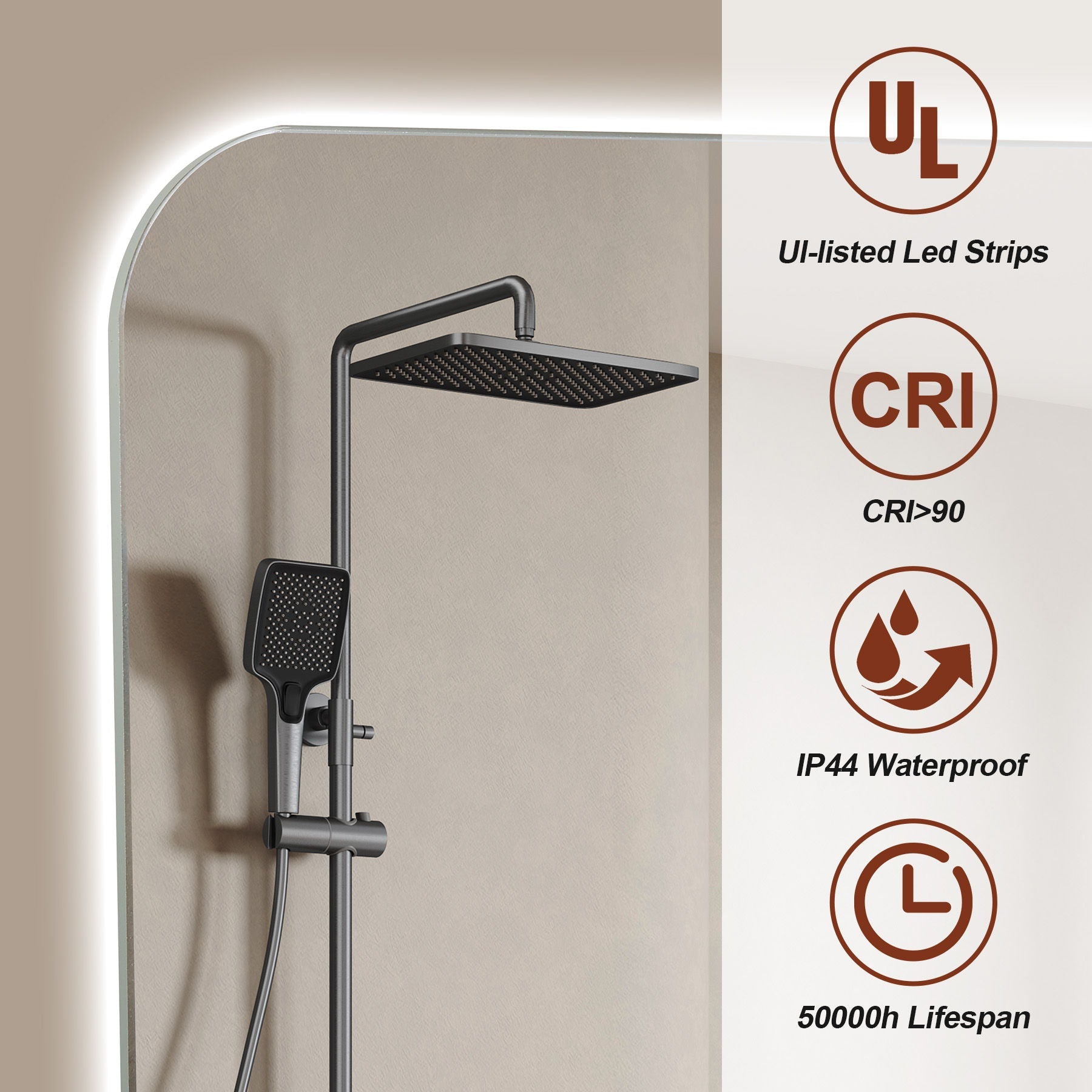 Wall Mounted LED Lighting Mirror With 3 Color Lighting, Dimming, Waterproof, Anti Fog, Touch Switch - Silver