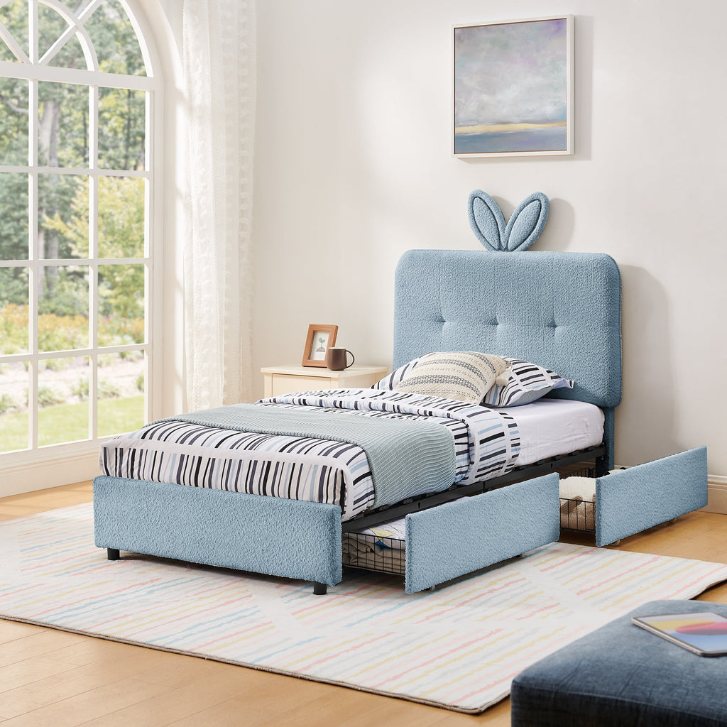 Twin Size Kids Upholstered Bed with Oversized Rabbit Ear Headboard