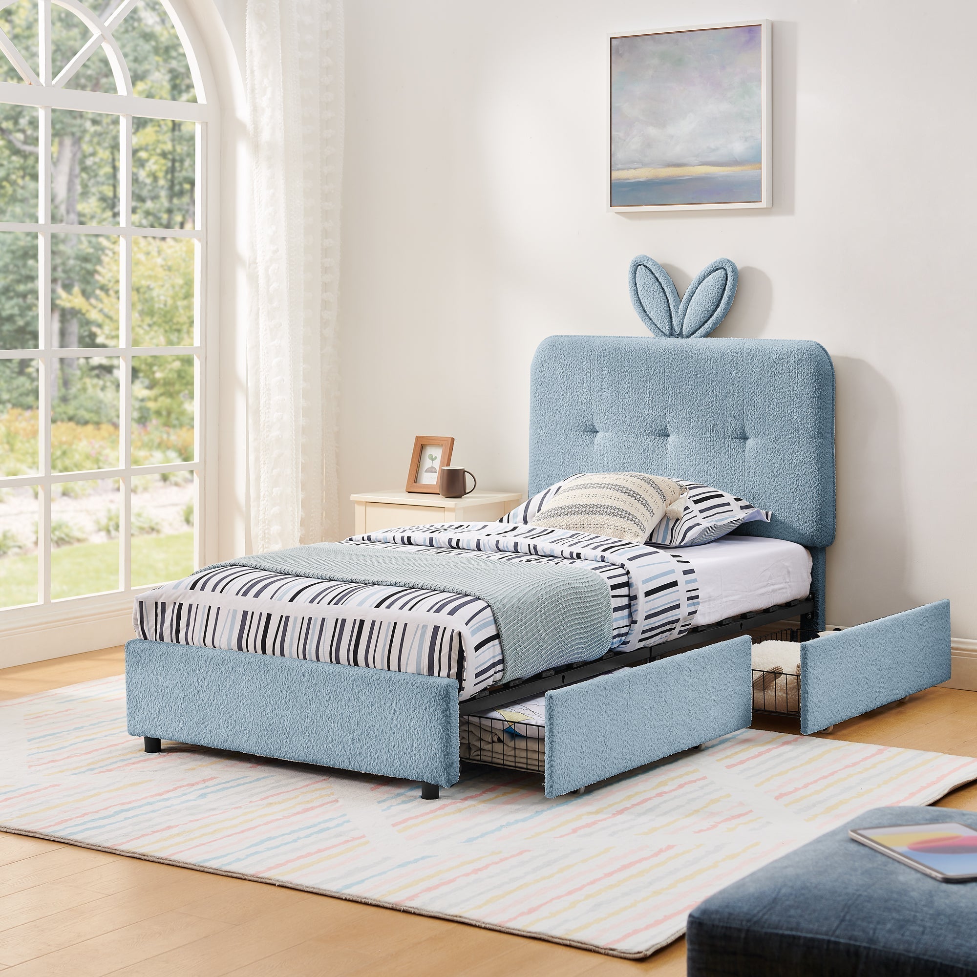 Twin Size Kids Upholstered Bed with Oversized Rabbit Ear Headboard