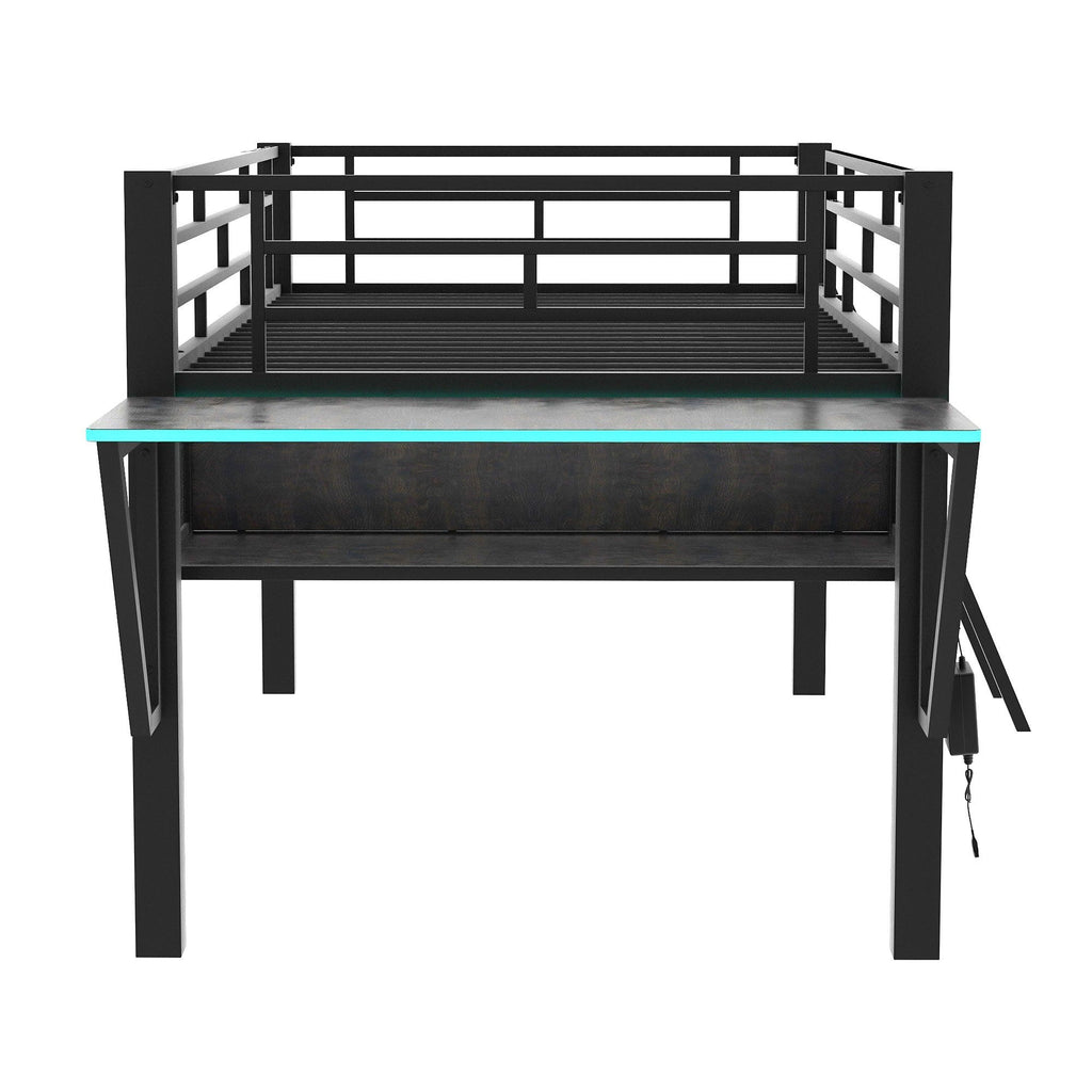 Modern Gaming Mid Loft Bed With Desk And LED Lights