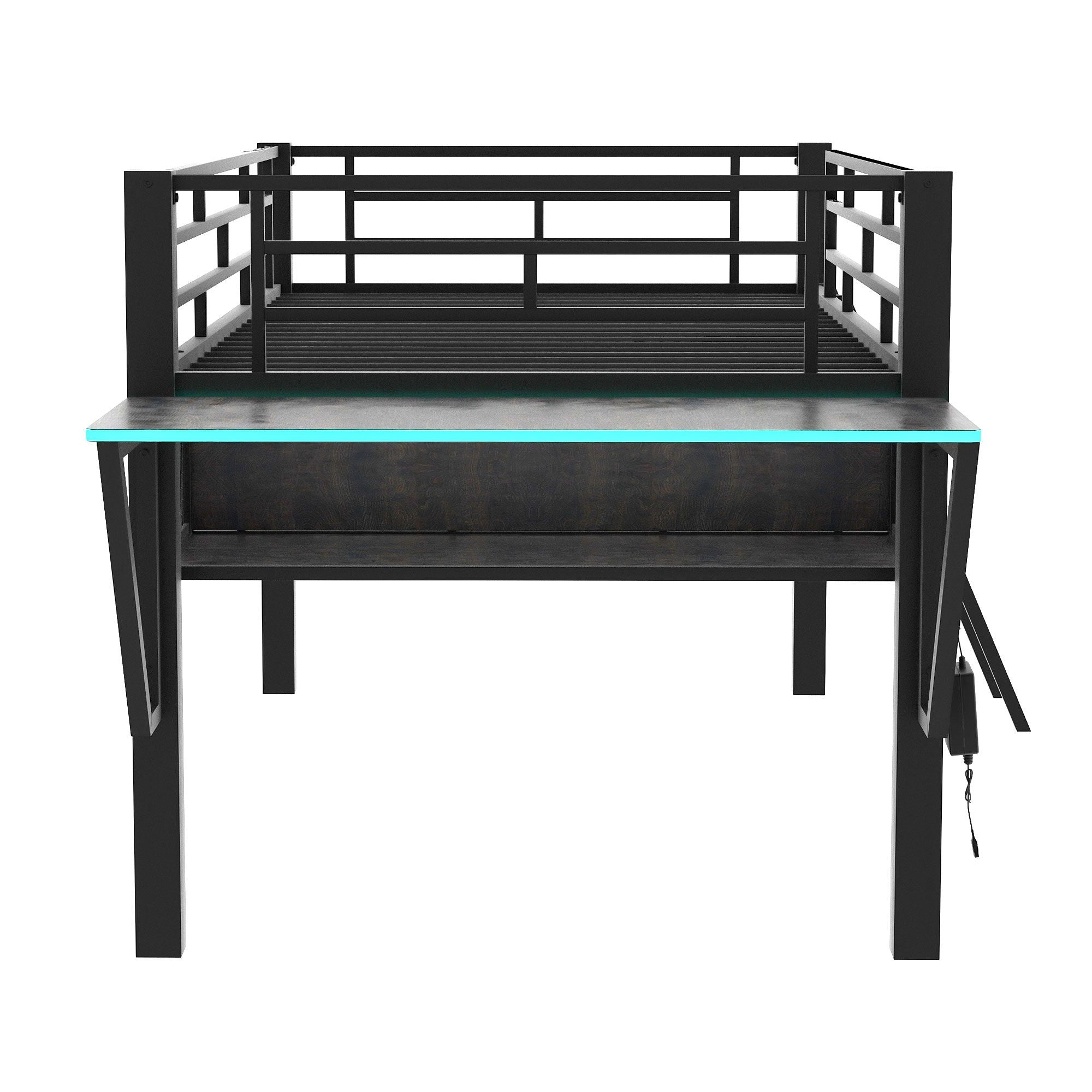 Modern Gaming Mid Loft Bed With Desk And LED Lights