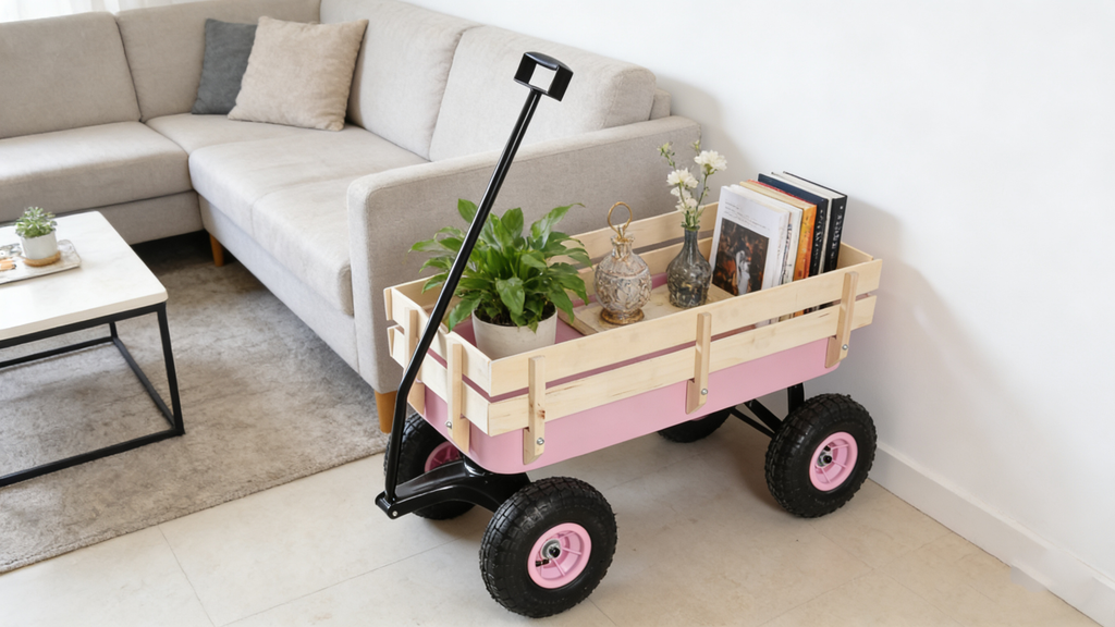 Outdoor All Terrain Garden Wagon with Wooden Railings and Pneumatic Tires