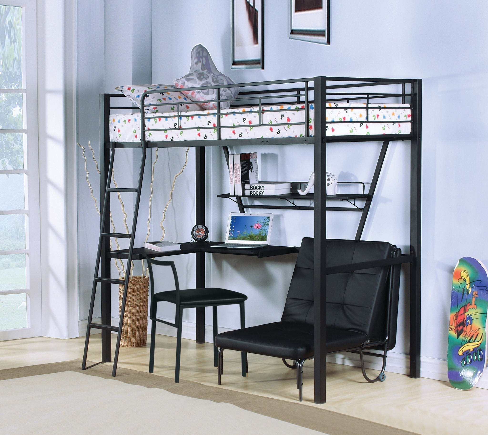 Senon Twin Loft Bed With Desk - Black / Silver