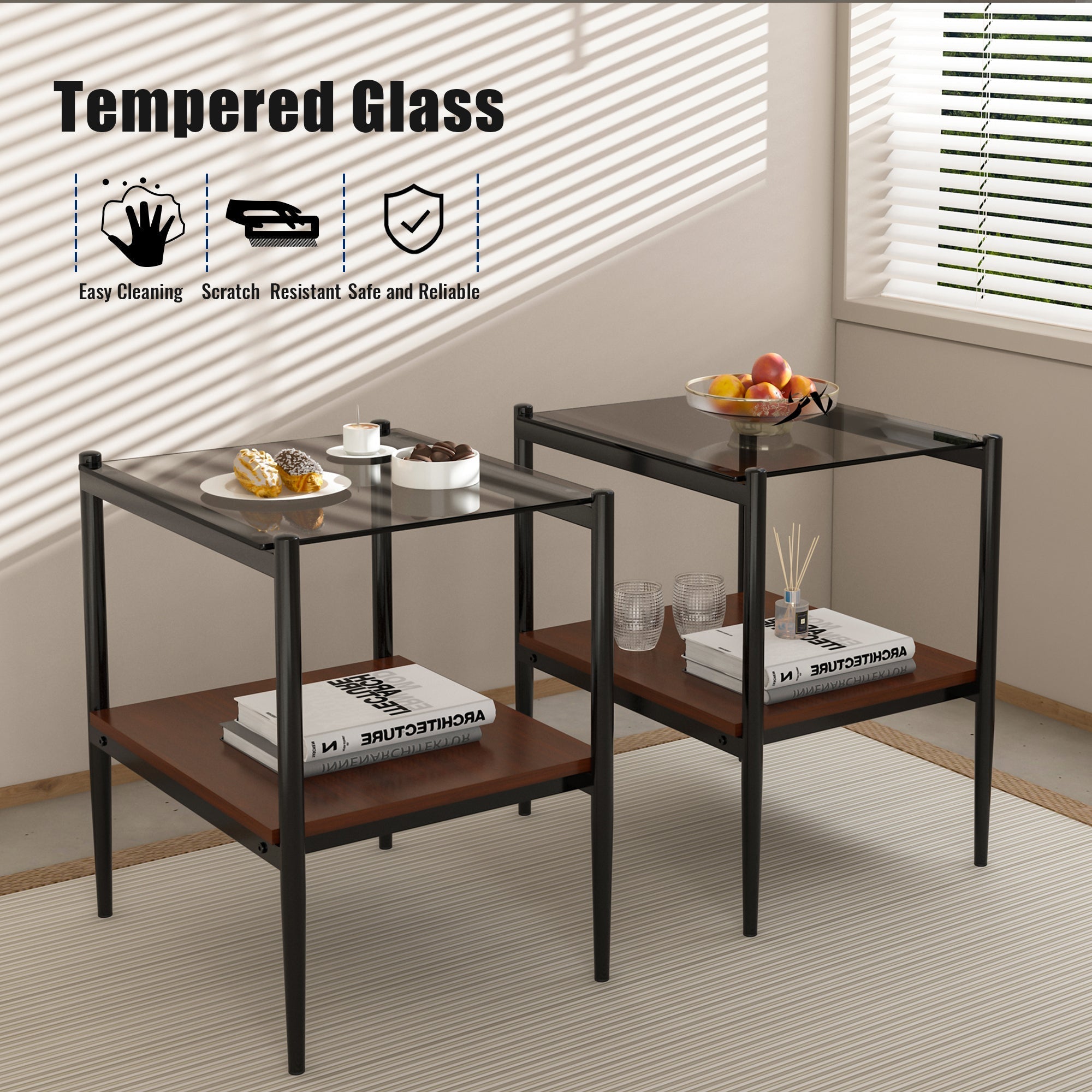 Set of 2 Rectangle End Table Gray Glass