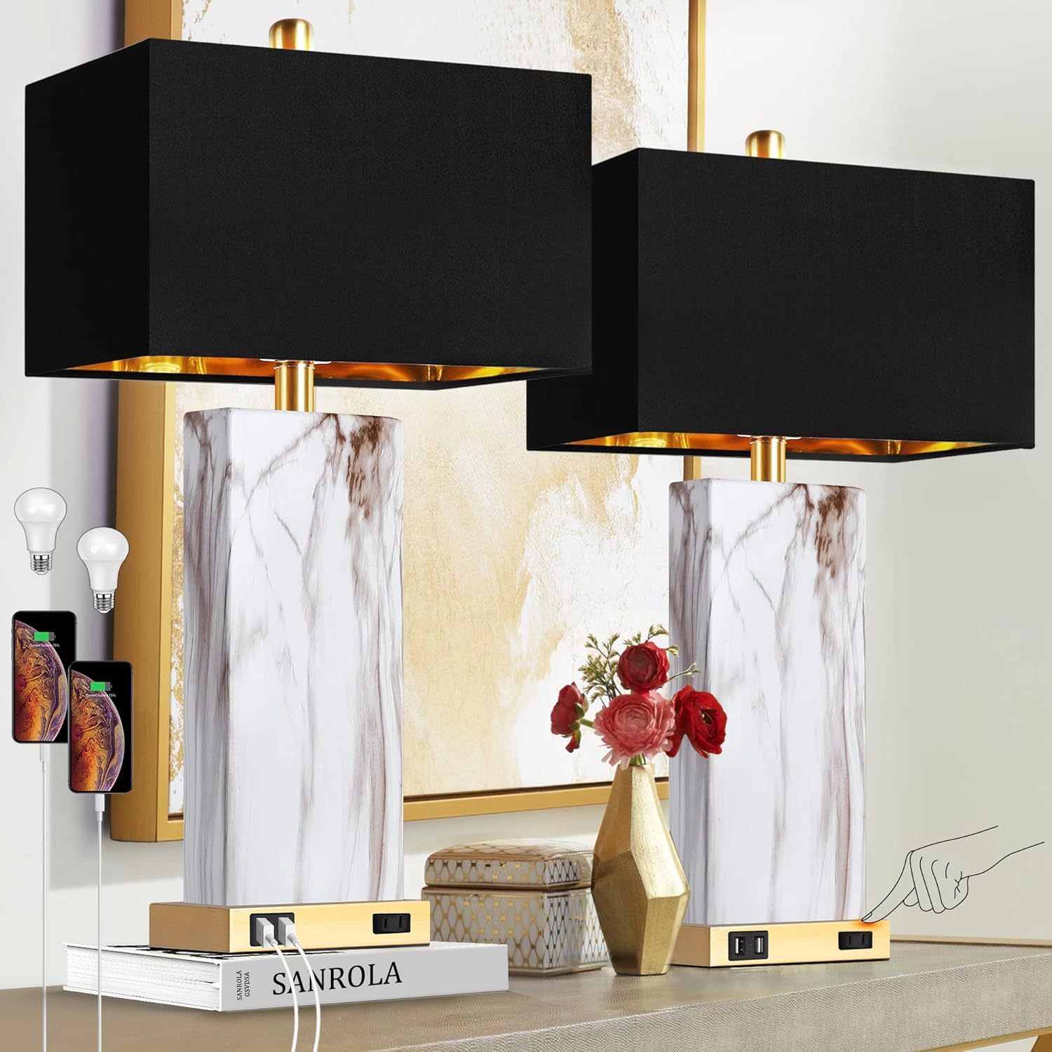 Touch Control Table Lamps Set of 2 with USB Ports and AC Outlet