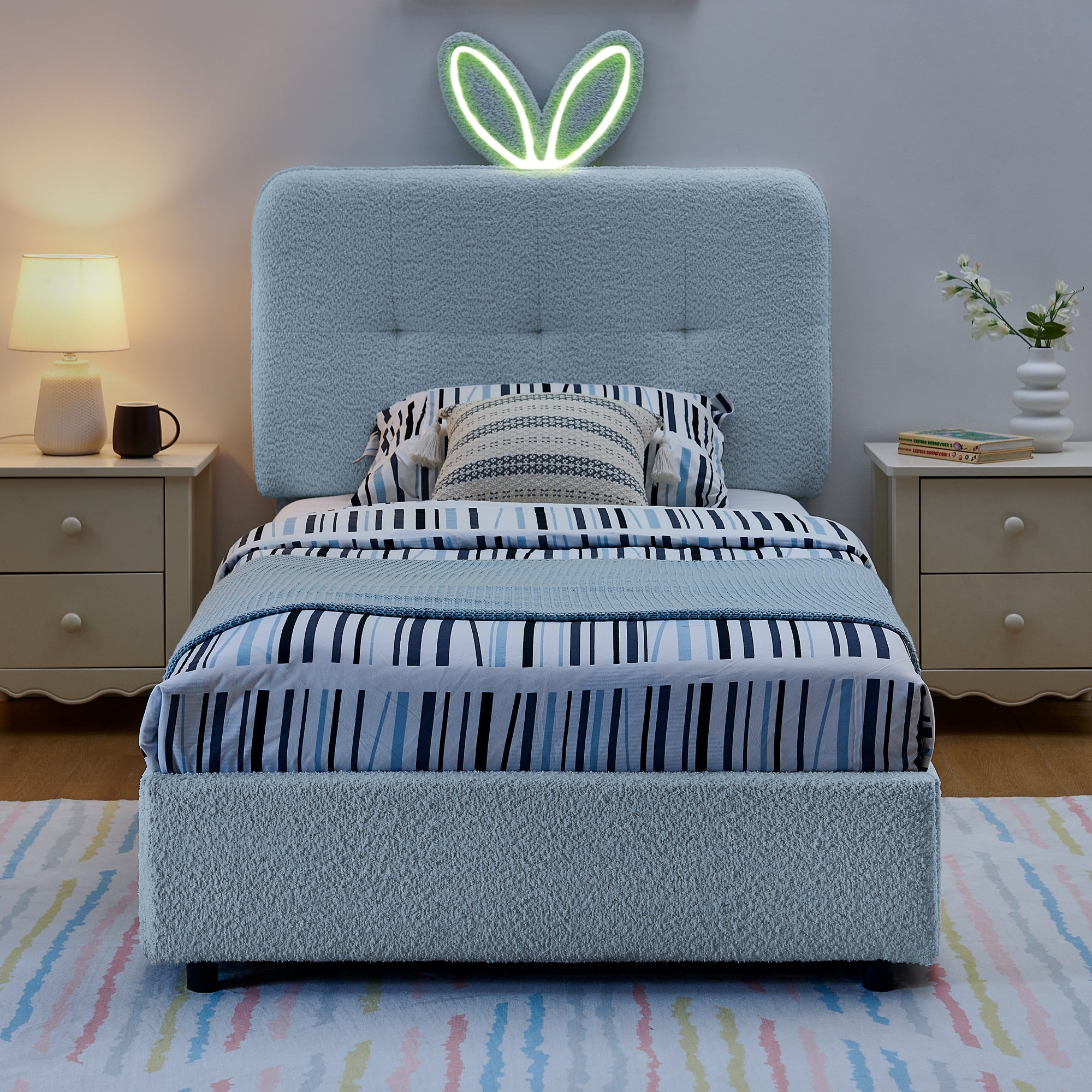 Twin Size Kids Upholstered Bed with Oversized Rabbit Ear Headboard
