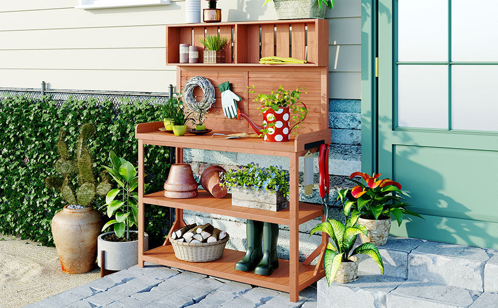 TOPMAX 65' Large Wooden Farmhouse Rustic Outdoor Potting Bench Table