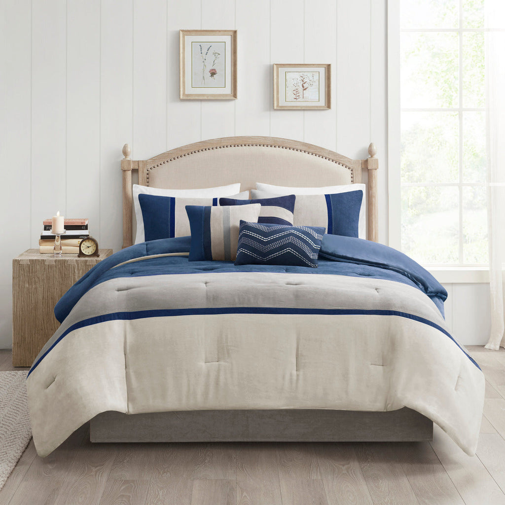 7 Piece Faux Suede Comforter Set Blue California King