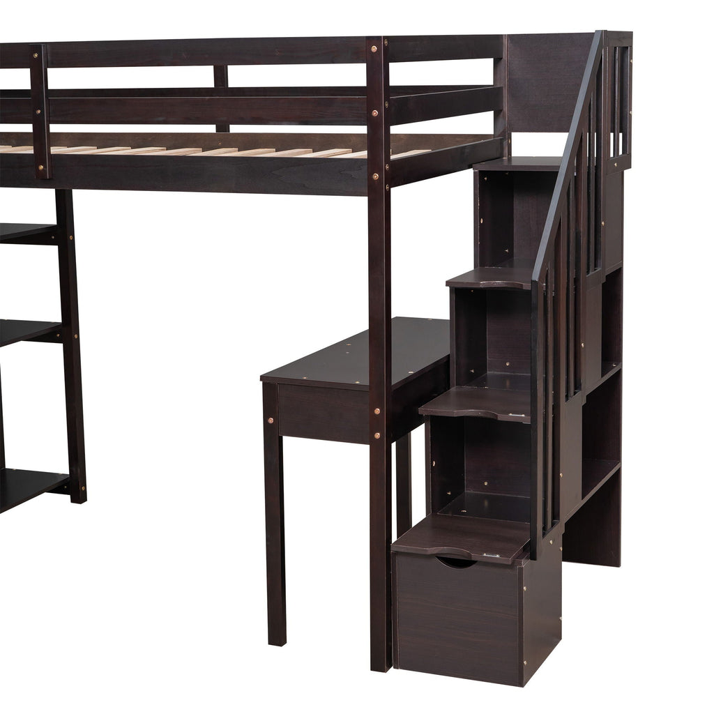 Loft Bed With Storage Drawers, Desk And Stairs With Shelves