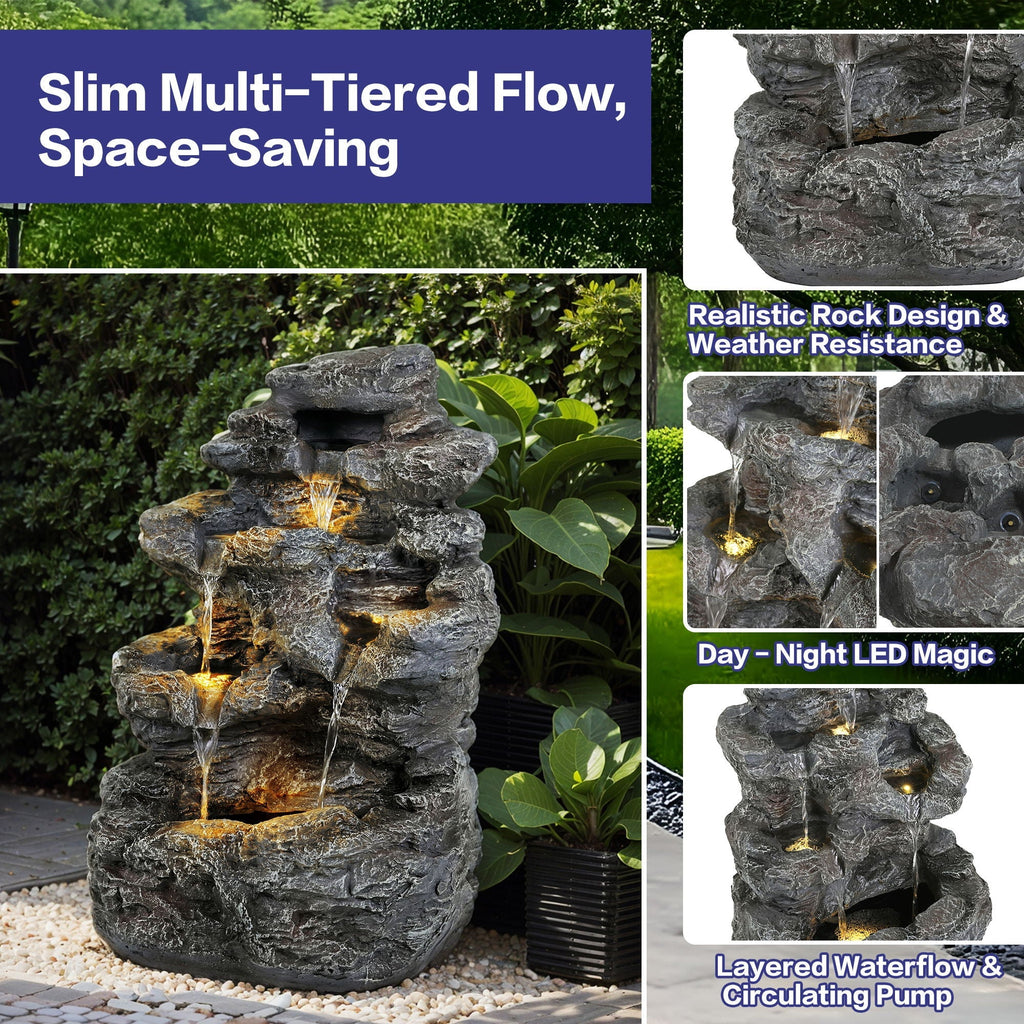Concrete Rock Waterfall Fountain with LED Lights