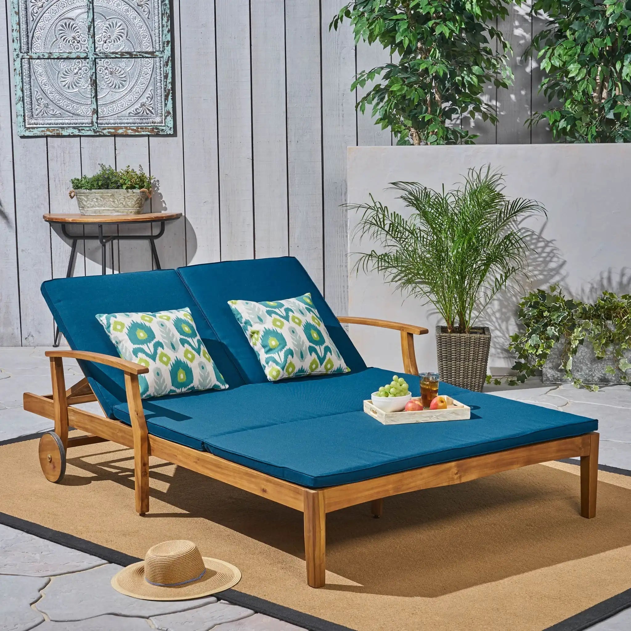 Etherealize Outdoor Adjustable Double Chaise Lounge With Water Resistant Cushions