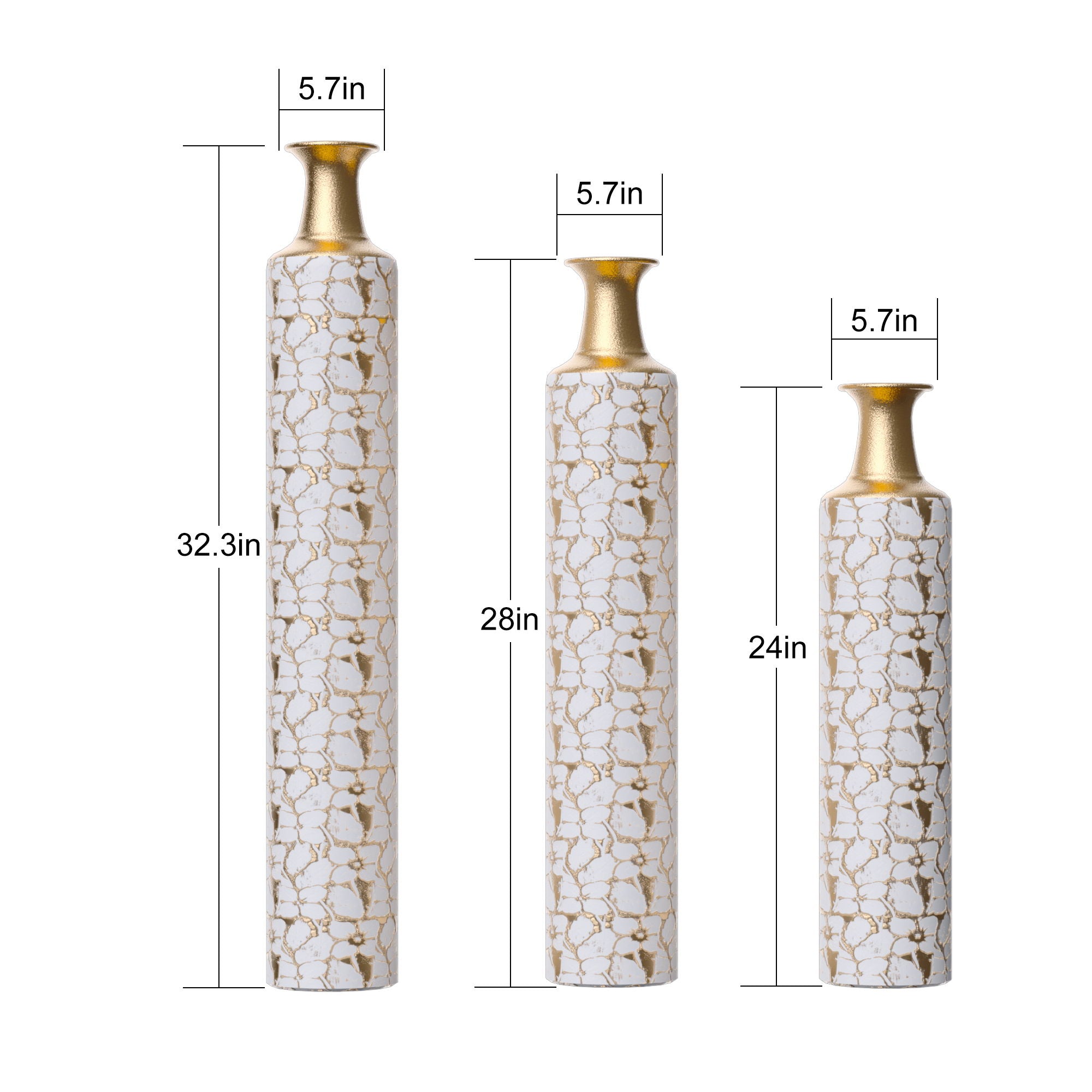 Floor Vases Large Decorative Set of 3 - Antique White & Gold