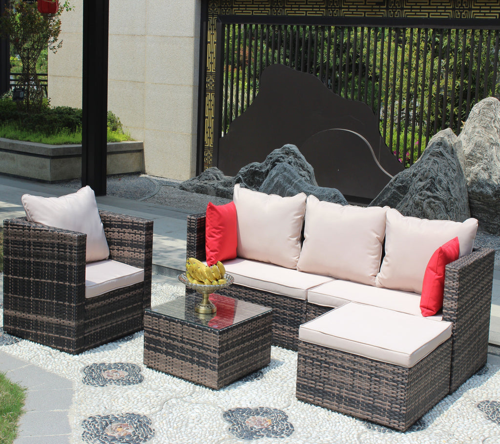 Rattan Patio Furniture Set Wicker Sofa Cushioned Sectional (4 Pieces, Brown)