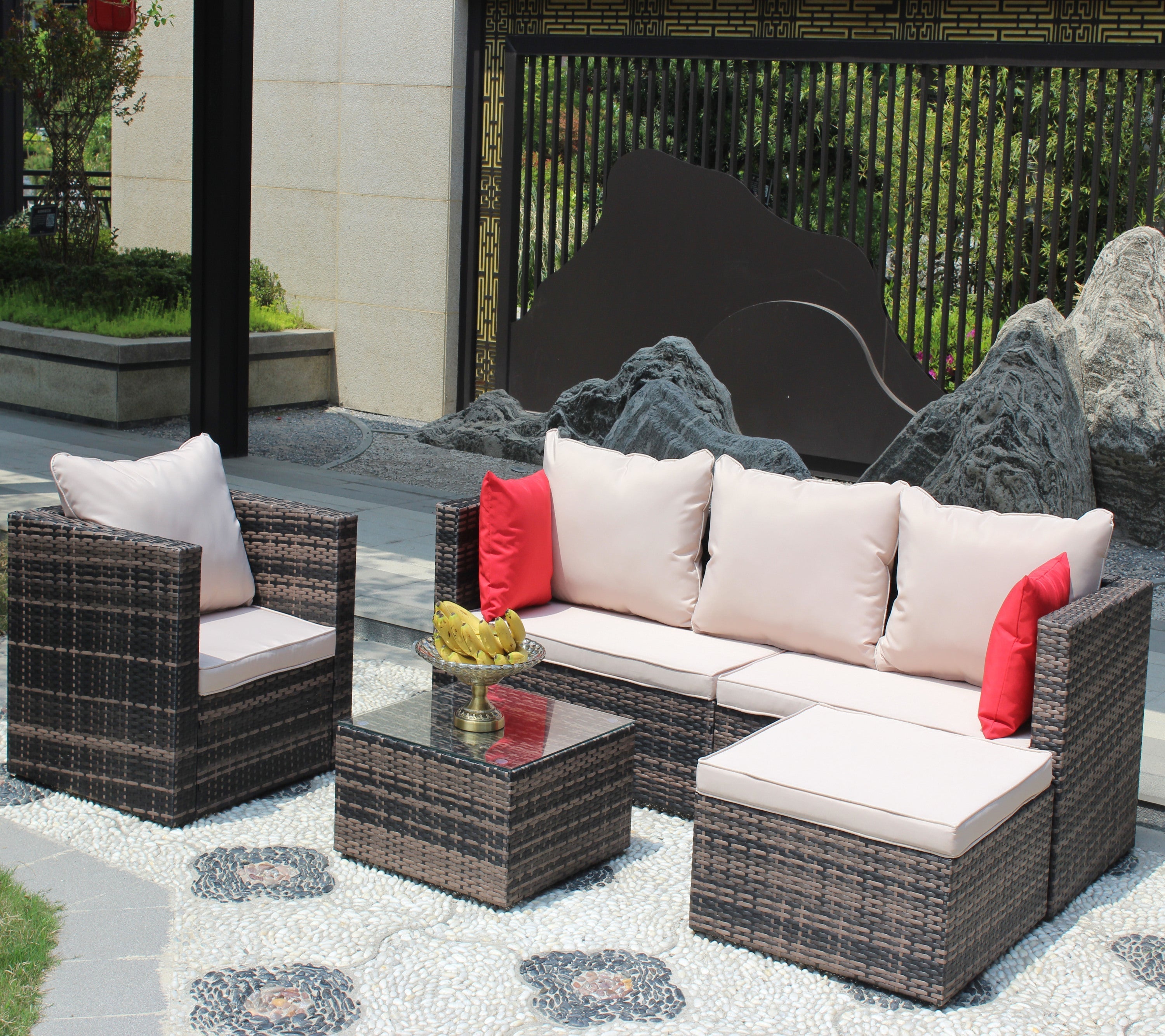 Rattan Patio Furniture Set Wicker Sofa Cushioned Sectional (4 Pieces, Brown)