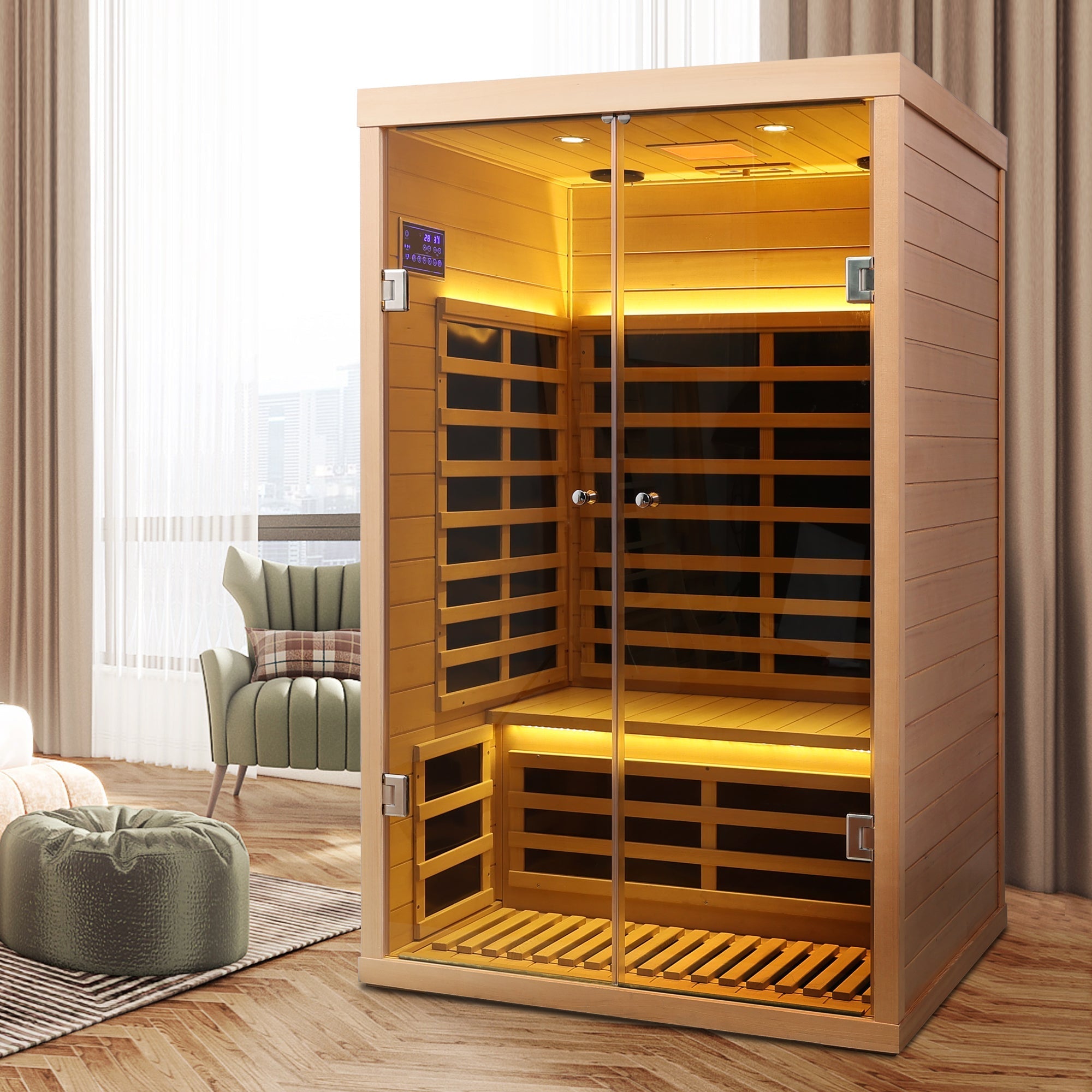 Luxury Indoor Hemlock Infrared Sauna Room with Double Doors and Glass for Two Persons
