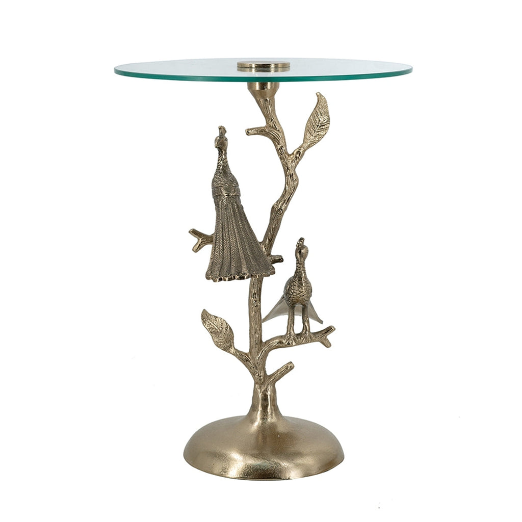Gold Peacock Side Table with Round Glass Top