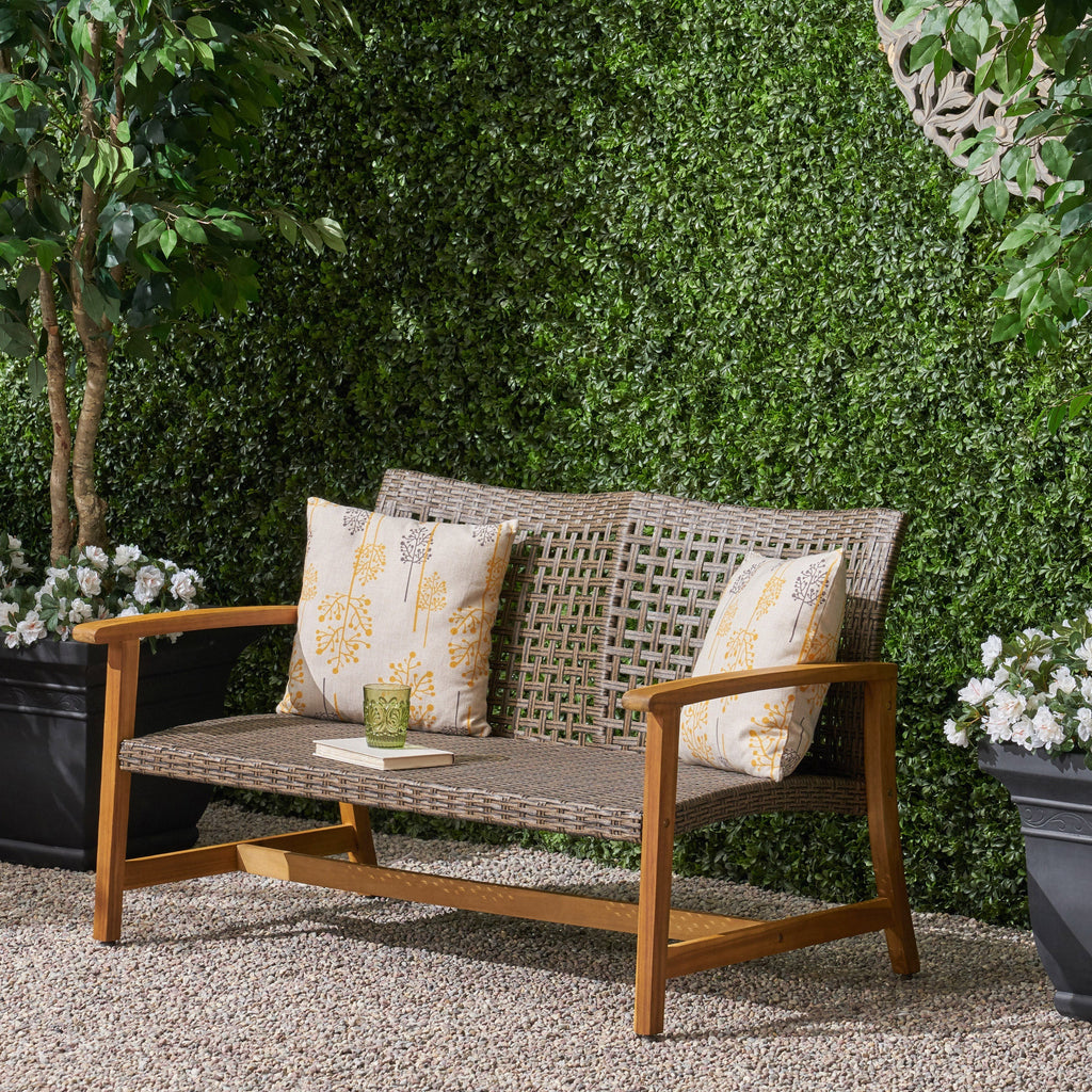 Hampton Outdoor Acacia Wood Wicker Loveseat