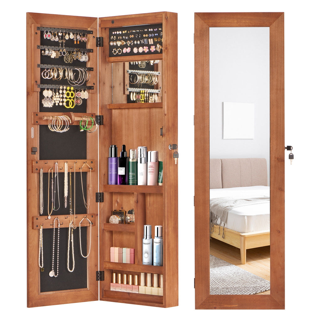 Jewelry Armoire Organizer With Full Length Mirror, Wall Mounted Lockable Cabinet With LED Light