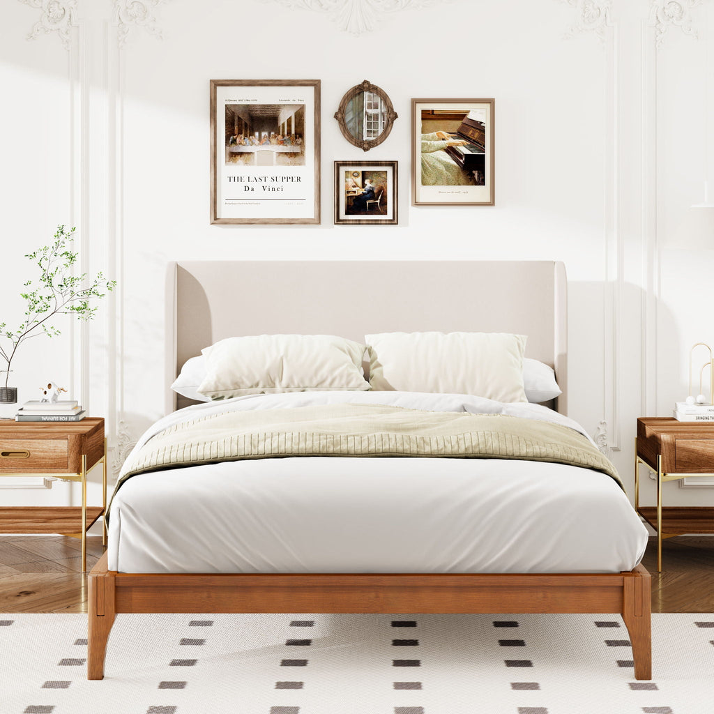 King Size Platform Bed With Upholstered High Headboard - Brown