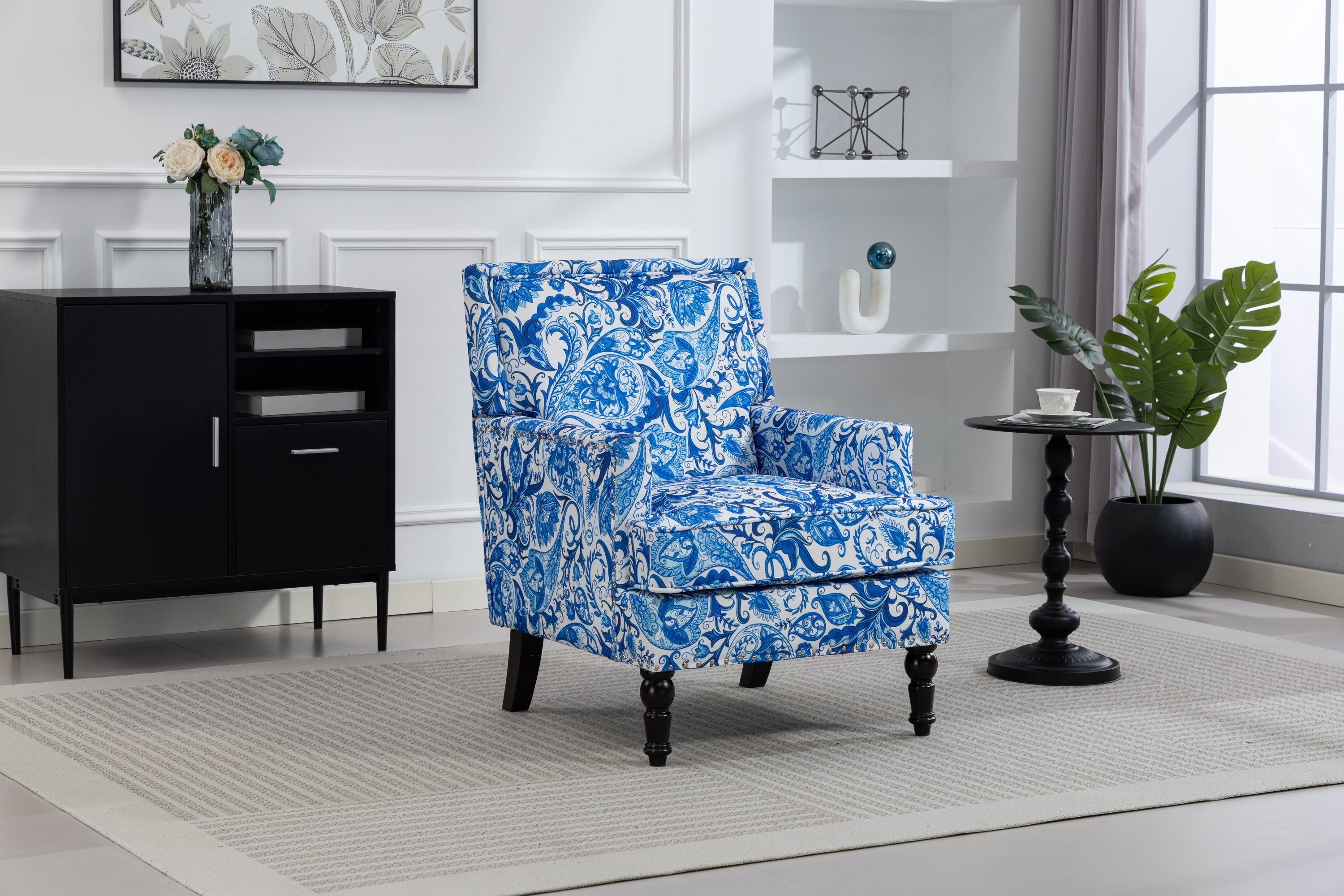 Upholstered Accent Chair with Blue and White Porcelain Print Linen Fabric