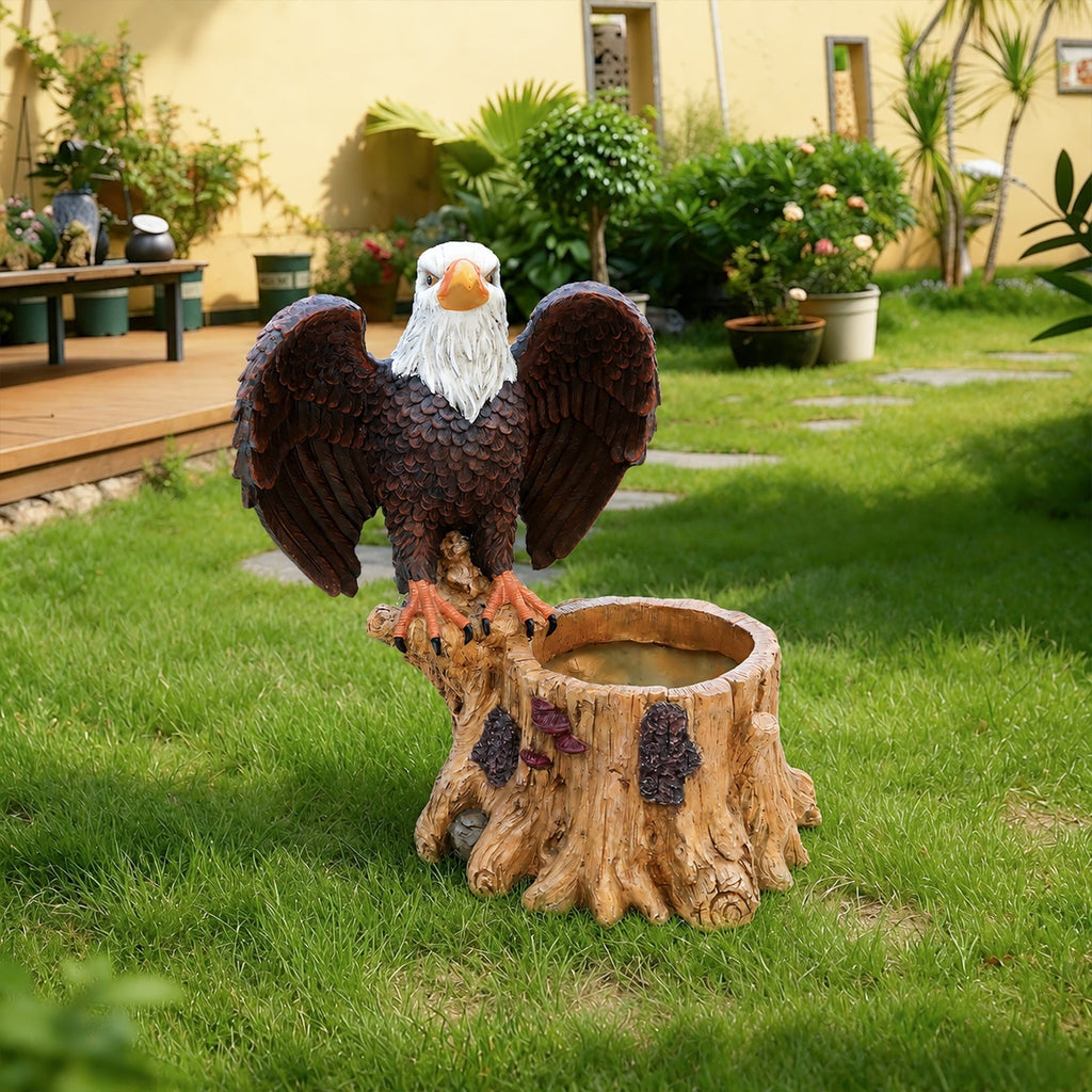 Majestic Eagle Garden Planter Pot on Tree Stump Base