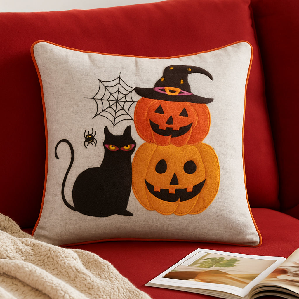 Embroidered Halloween Cat & Pumpkin Throw Pillow