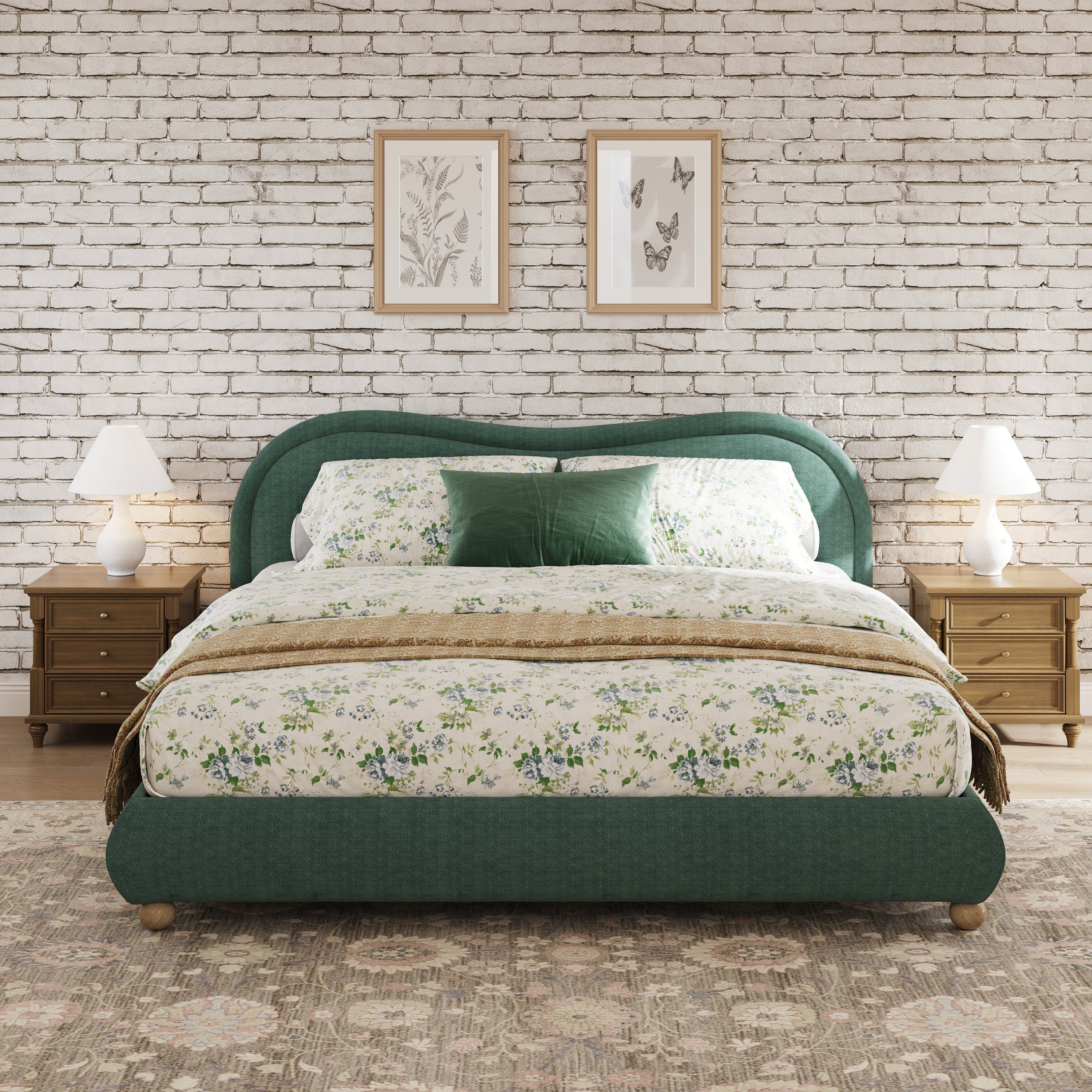 King Size Upholstered Platform Bed Frame with Rounded Corners