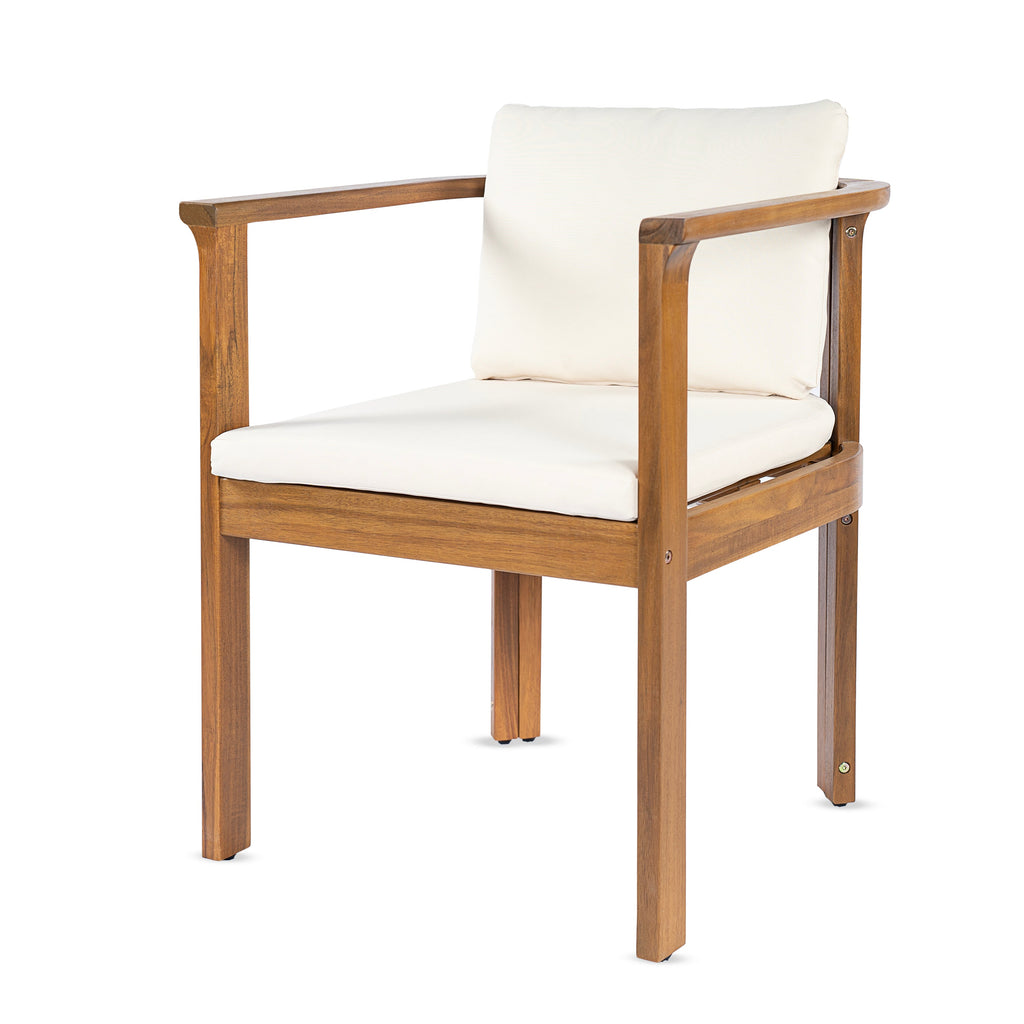 Outdoor Dining Chair Set of 4 with Curved Acacia Wood Arms and Cream Cushions