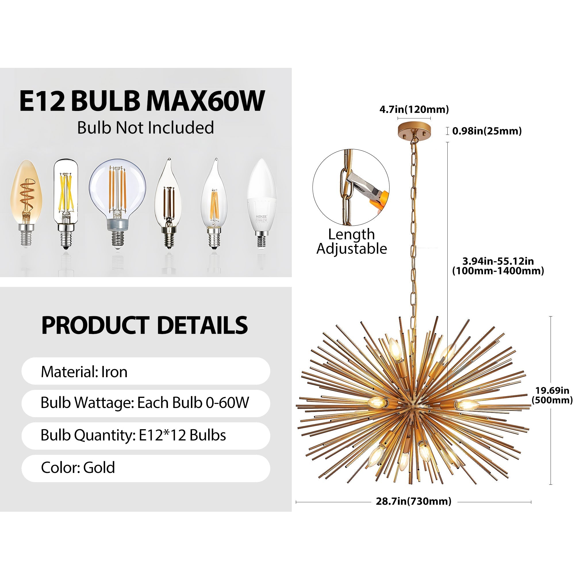 29" Mid-Century Modern 12-Light Starburst Chandelier