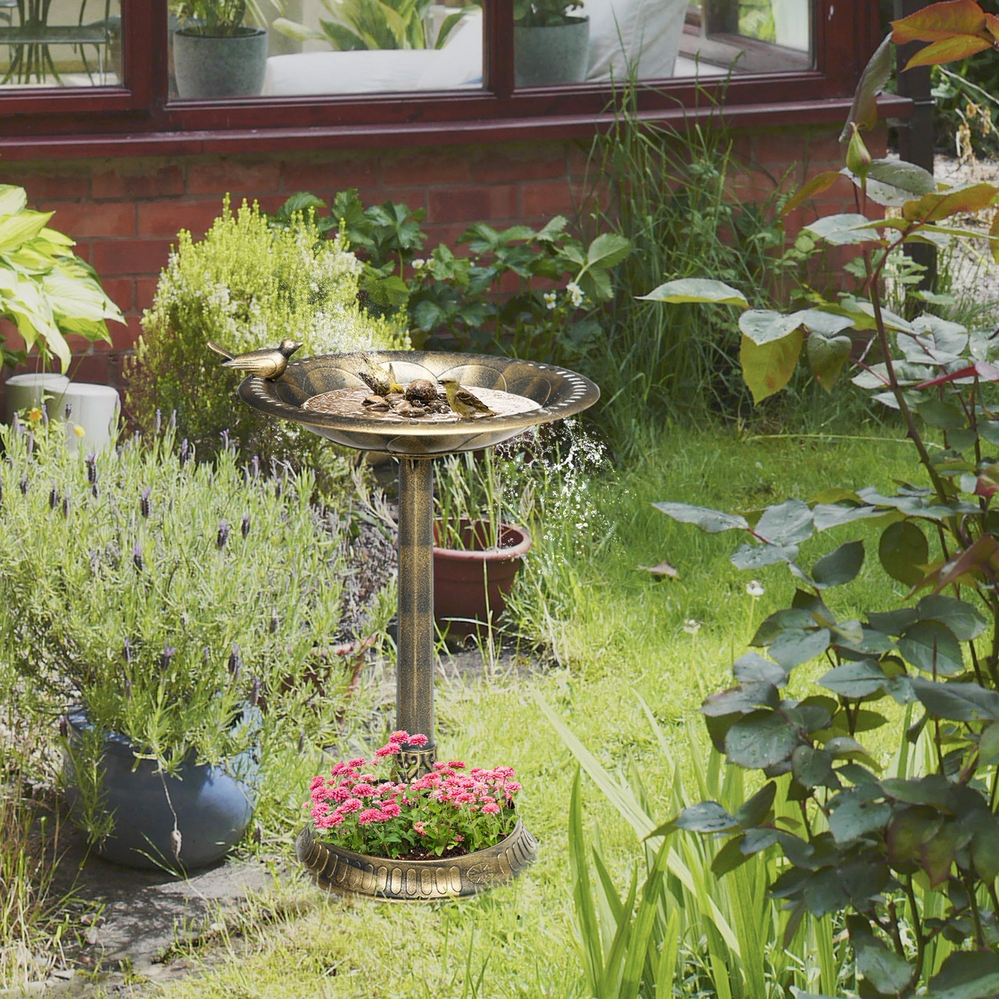 Outsunny 28" Antique Bronze Bird Bath with Pedestal Flower Planter Base