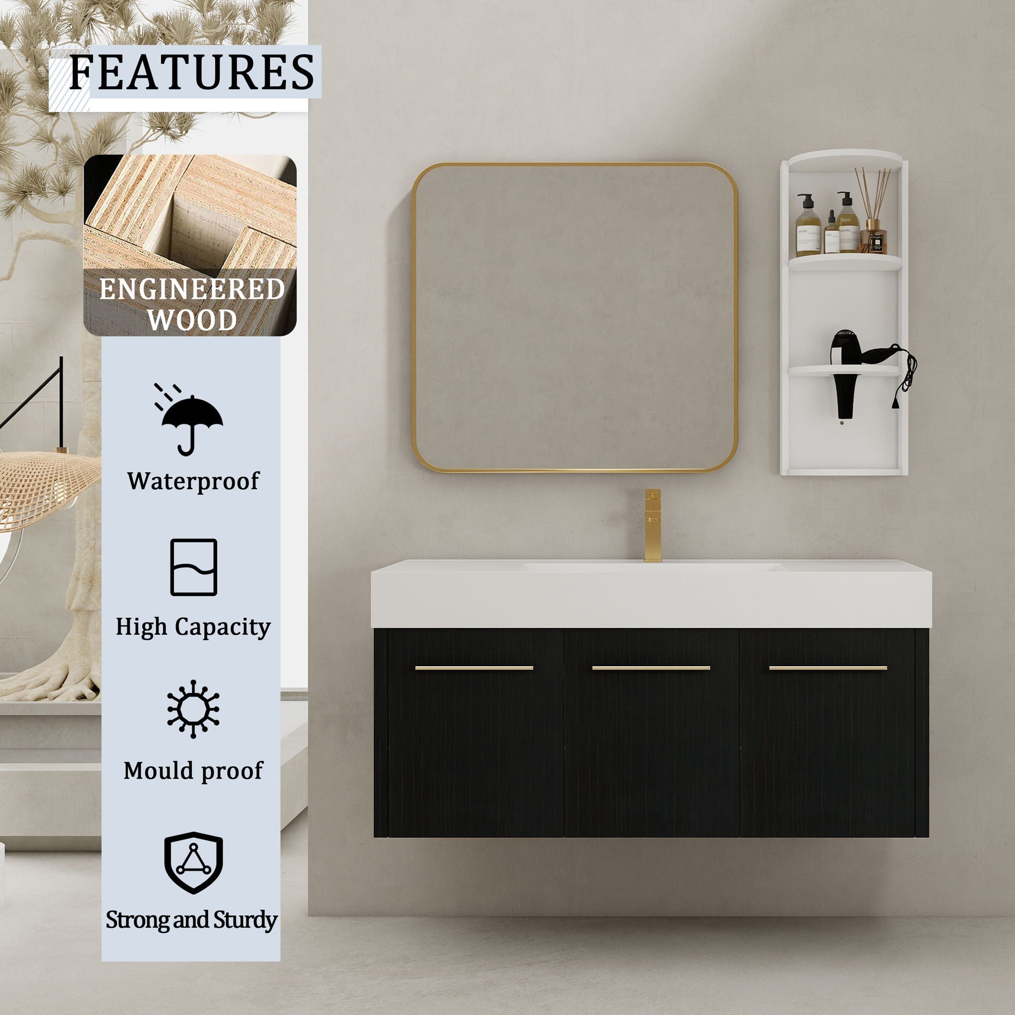 Modern Wall Mounted Bathroom Vanity with Resin Sink and Storage Rack