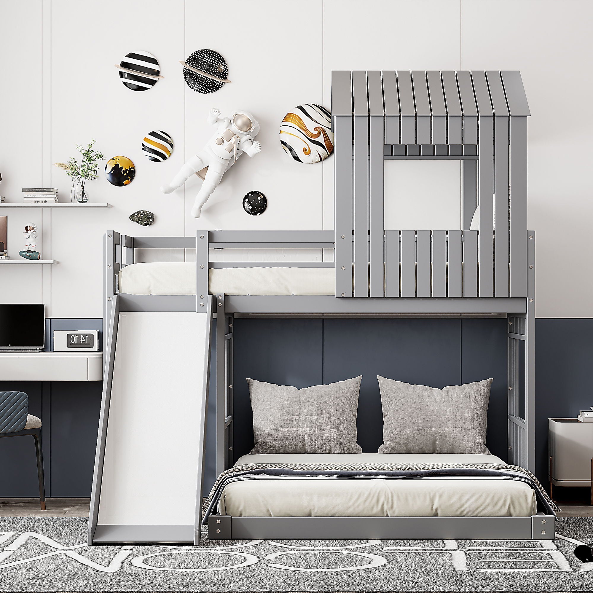 Loft Bunk Bed With Playhouse, Farmhouse, Ladder, Slide And Guardrails