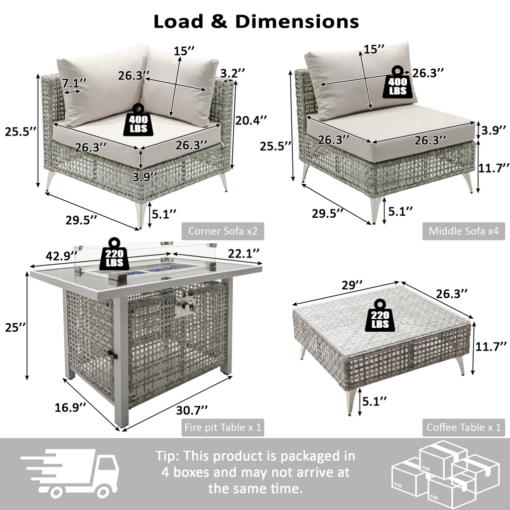 K&K Patio 8-Piece Patio Furniture Set with 43" Fire Pit Table