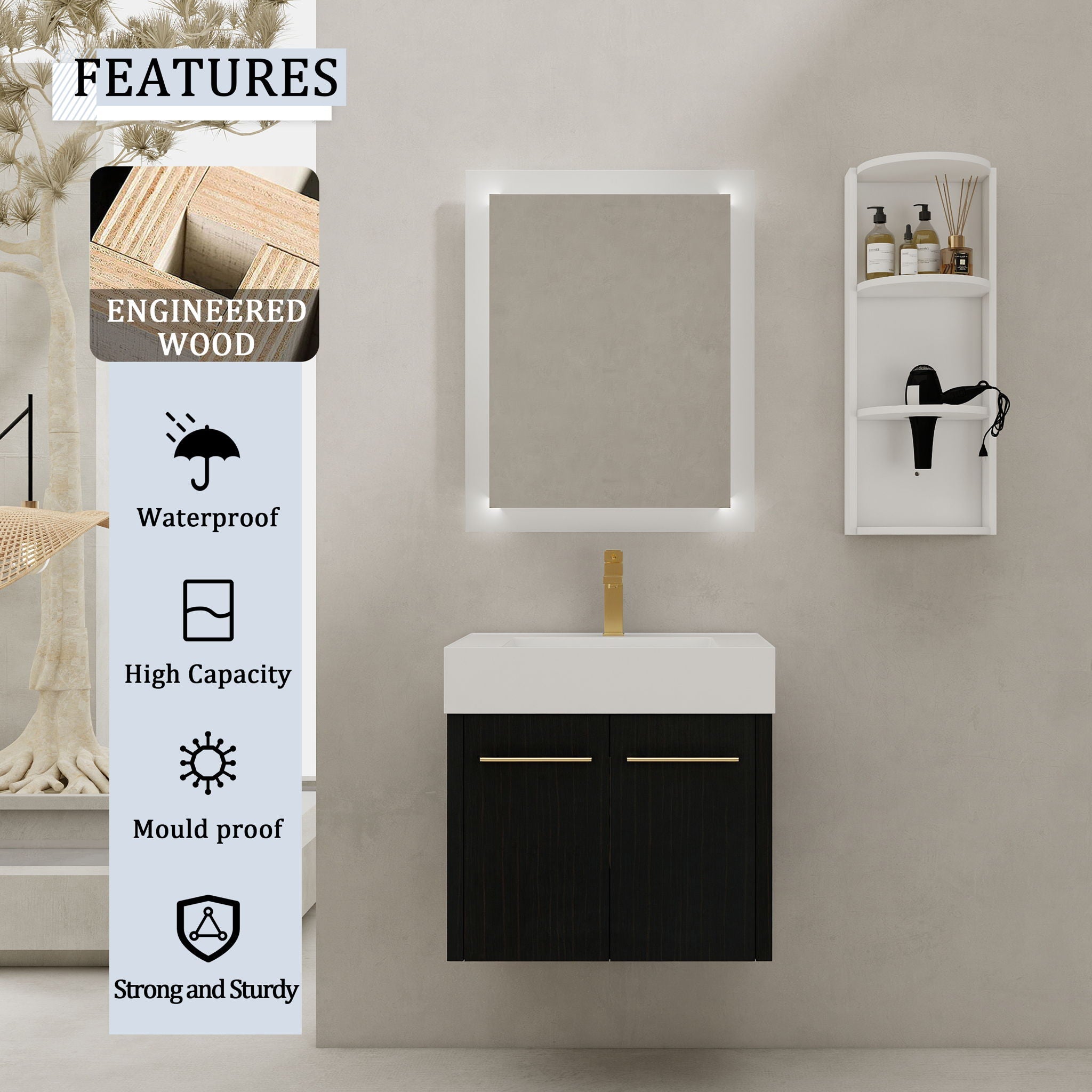 Modern Wall Mounted Bathroom Vanity With Resin Sink and Storage Rack