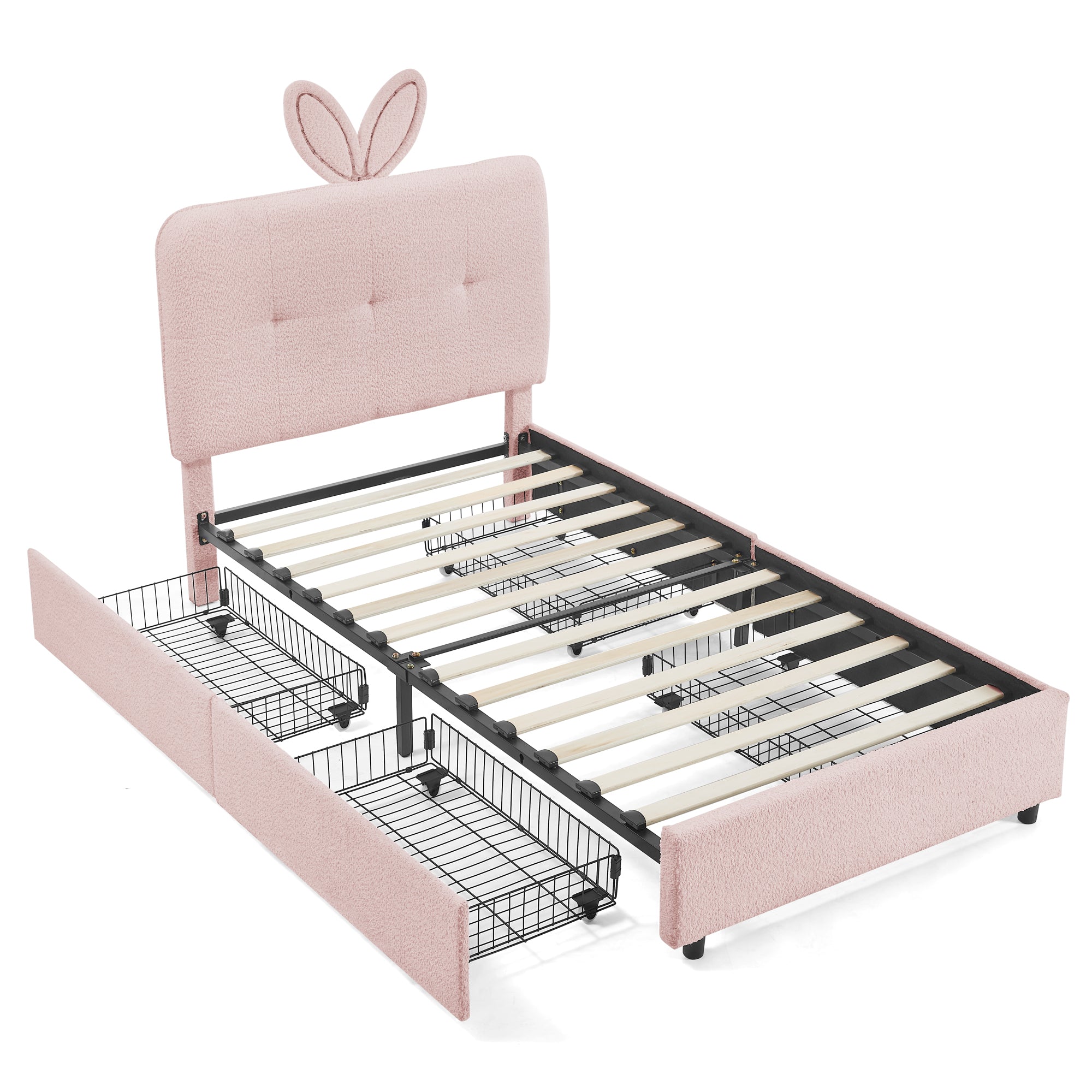 Twin Size Kids Upholstered Bed with Oversized Rabbit Ear Headboard