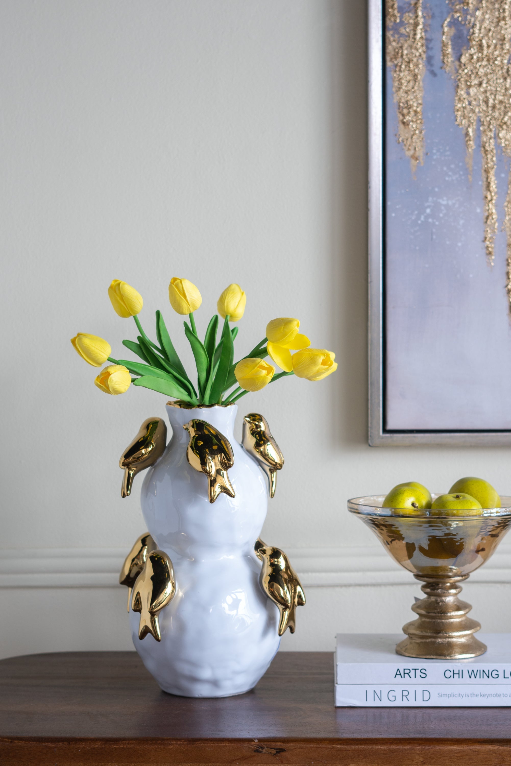8.5x8.5x14 White Two-Tiered Ceramic Vase with Gold Bird Accents
