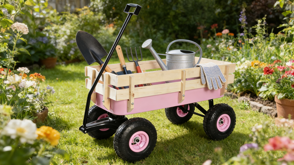 Outdoor All Terrain Garden Wagon with Wooden Railings and Pneumatic Tires