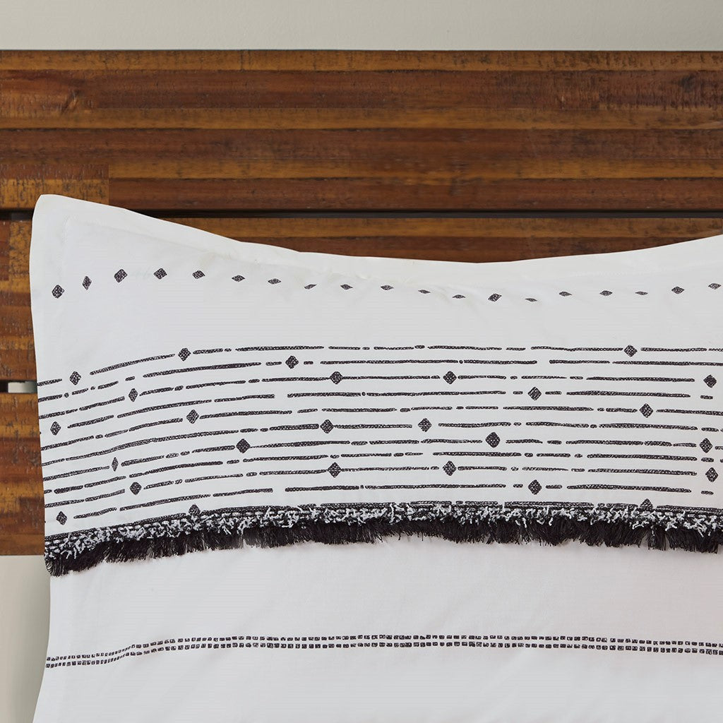 Cotton Printed Comforter Set with Trims Black/White Full/Queen