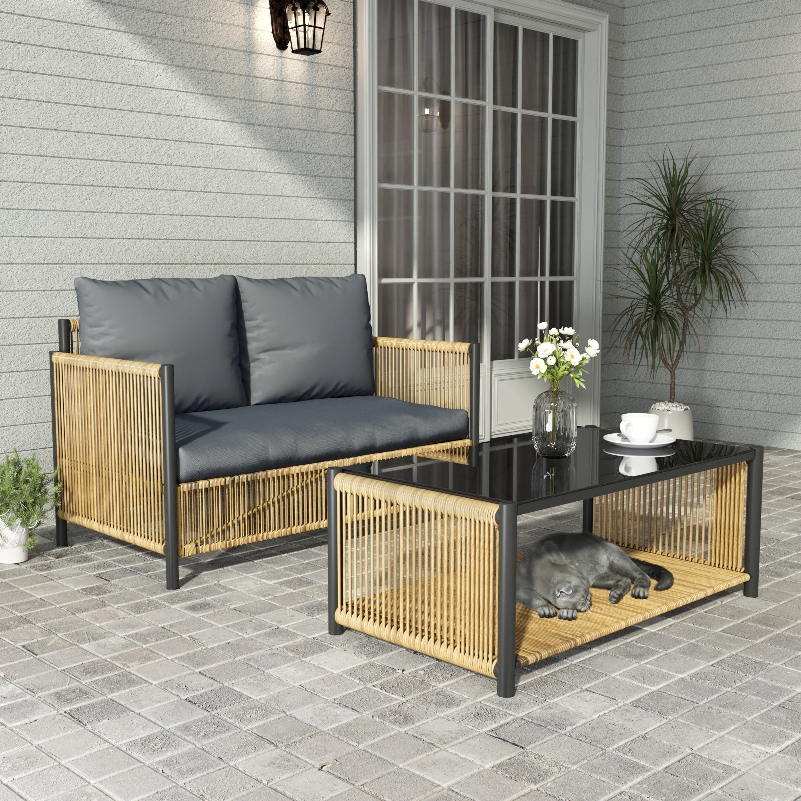 Patio 6-Piece Brown PE Wicker Sofa Set with Grey Cushions